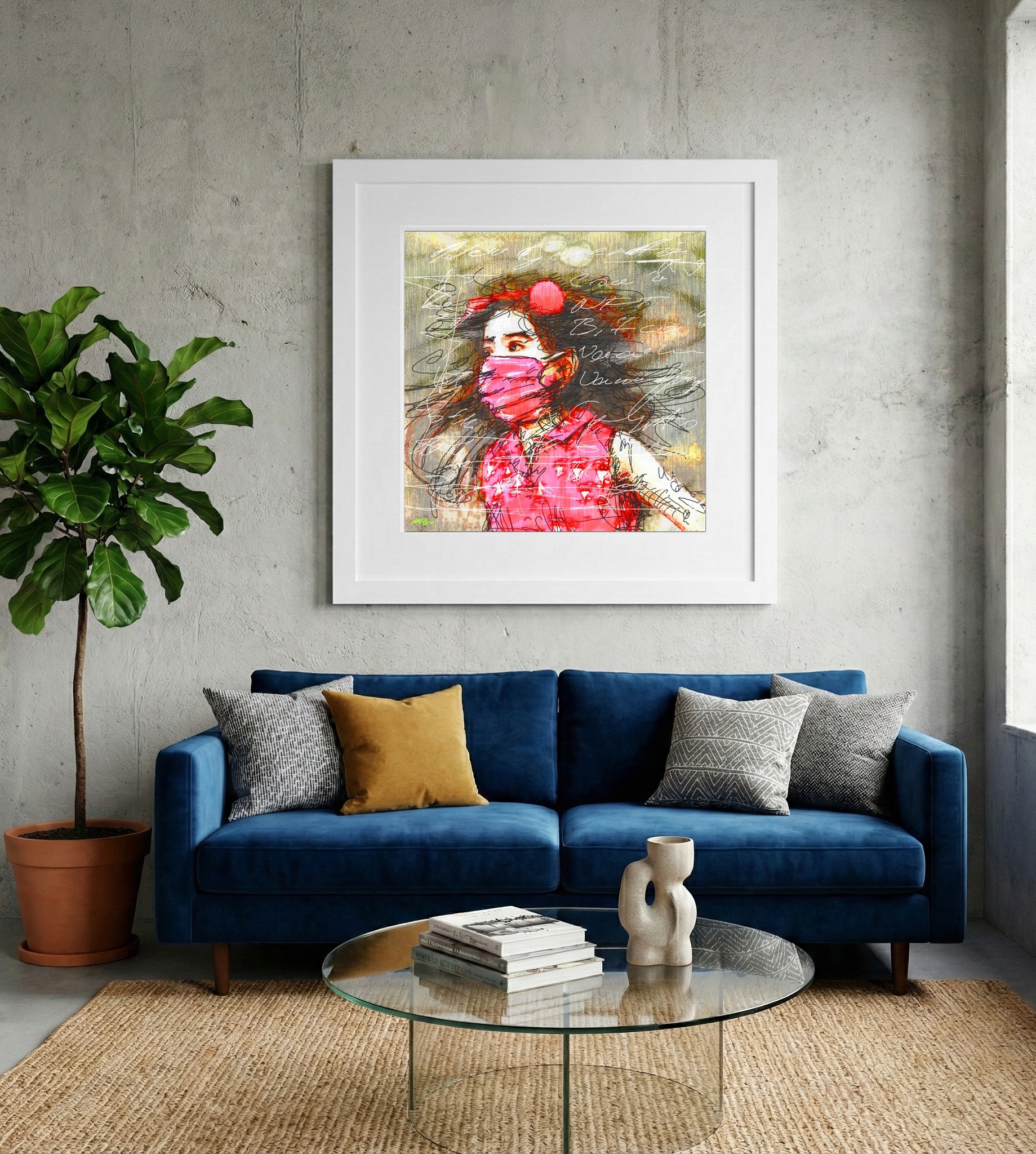 Cerise Pink Masked Girl Portrait — art on the wall, room interior preview 2