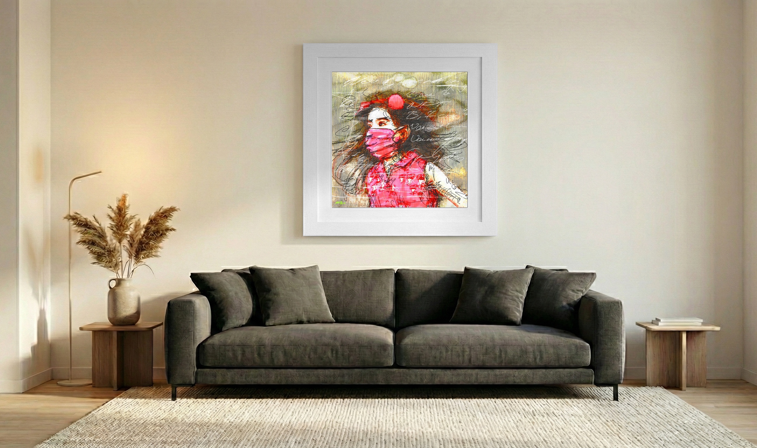 Cerise Pink Masked Girl Portrait — art on the wall, room interior preview 3