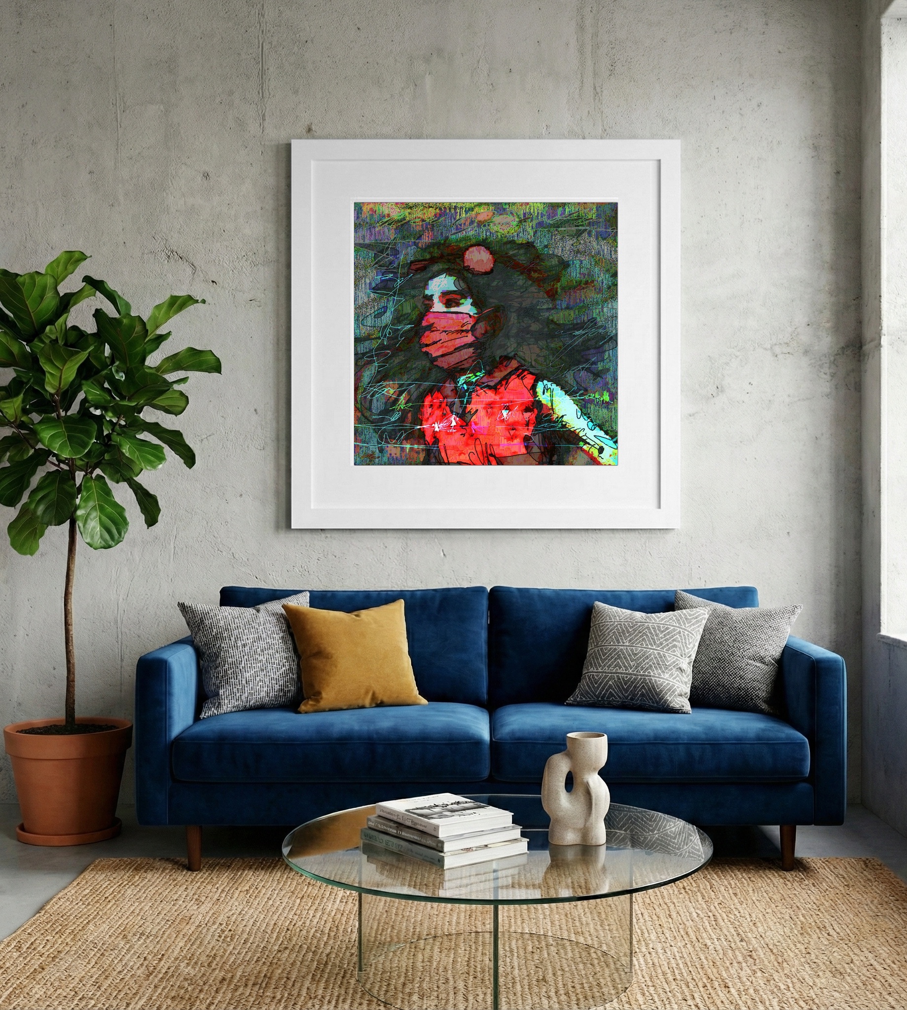 Crimson and Cerulean Masked Digital Portrait — art on the wall, room interior preview 2