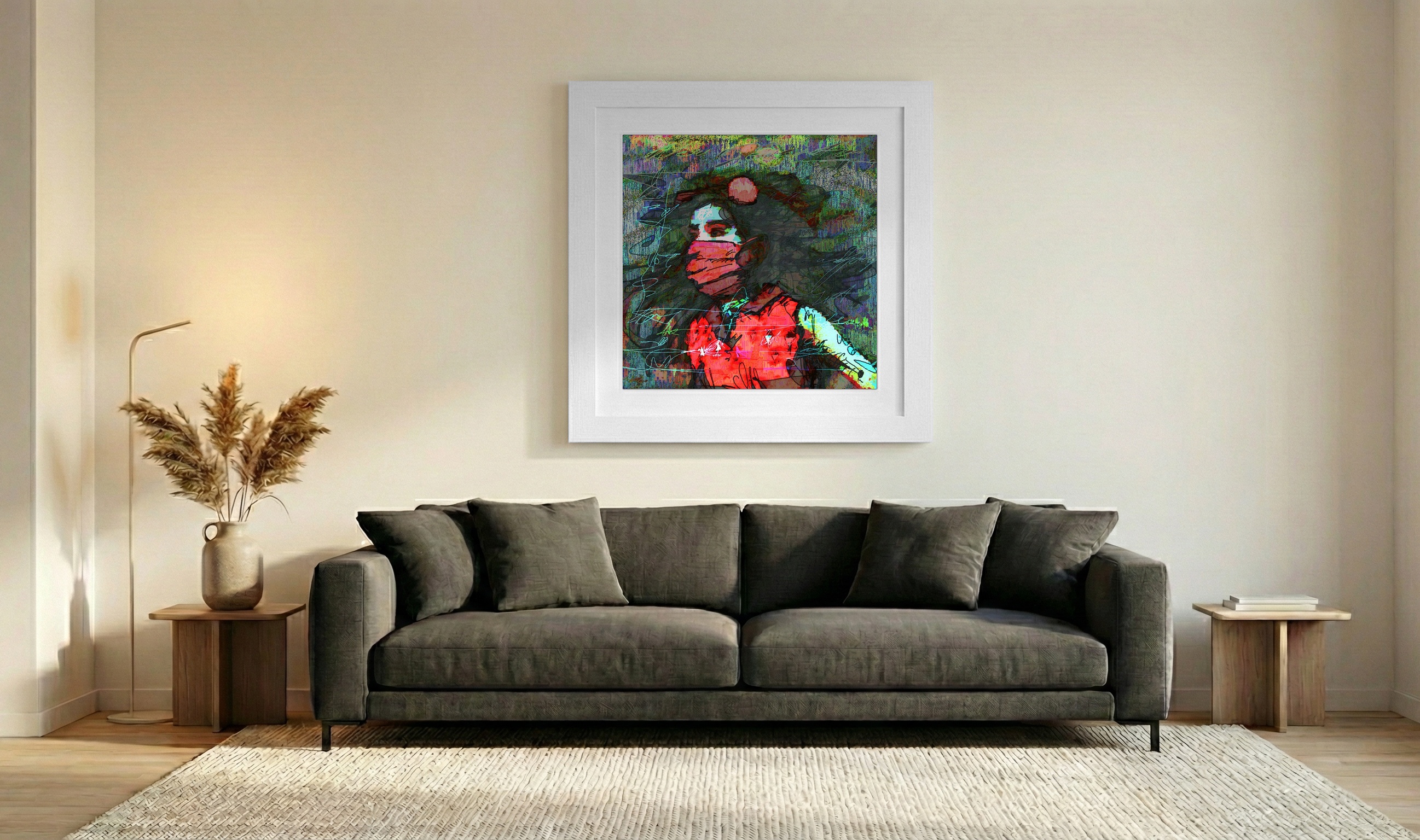 Crimson and Cerulean Masked Digital Portrait — art on the wall, room interior preview 3