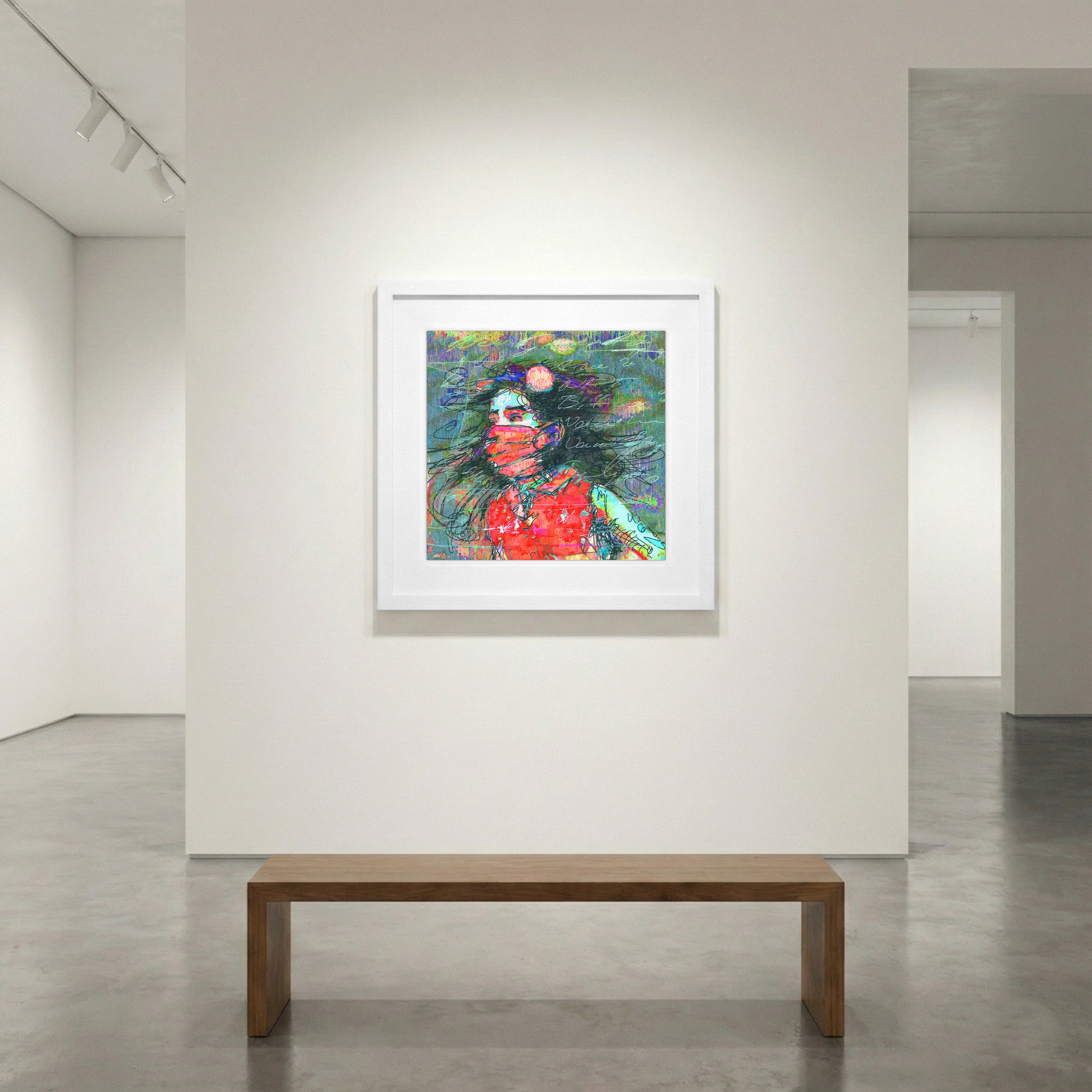 Crimson and Gold Digital Masked Portrait — art on the wall, room interior preview 1