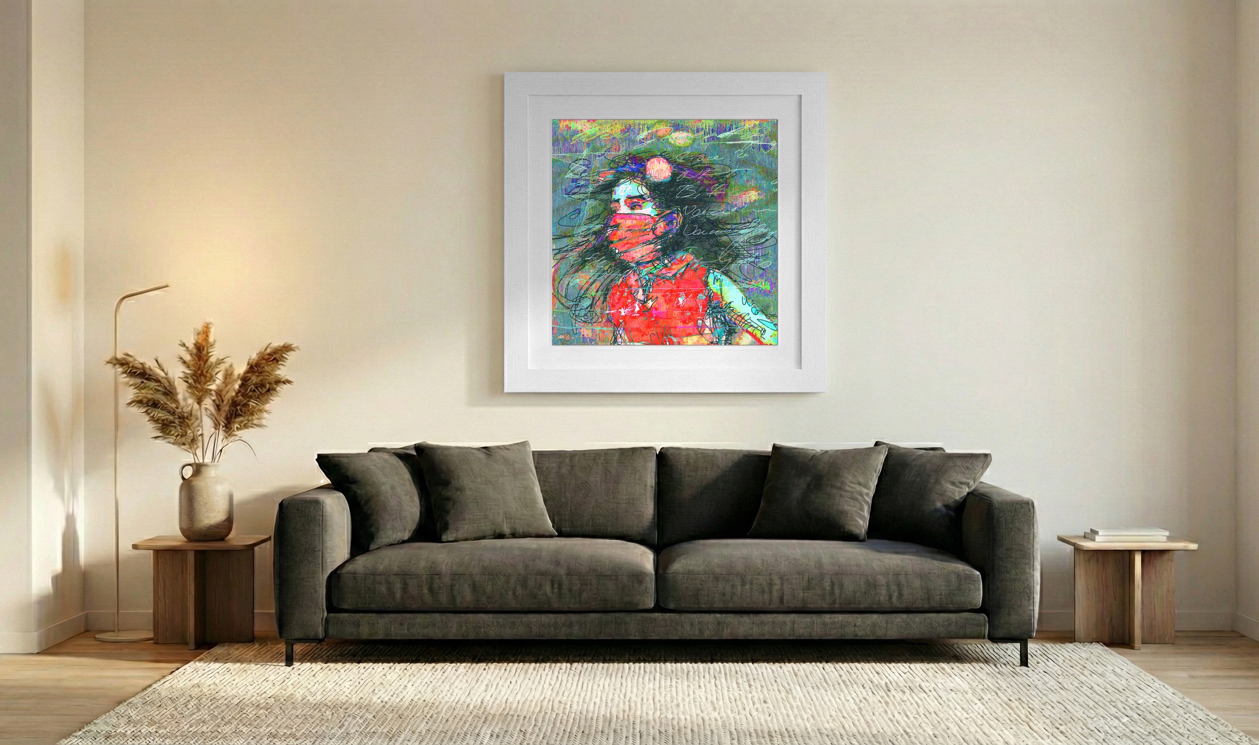 Crimson and Gold Digital Masked Portrait — art on the wall, room interior preview 3
