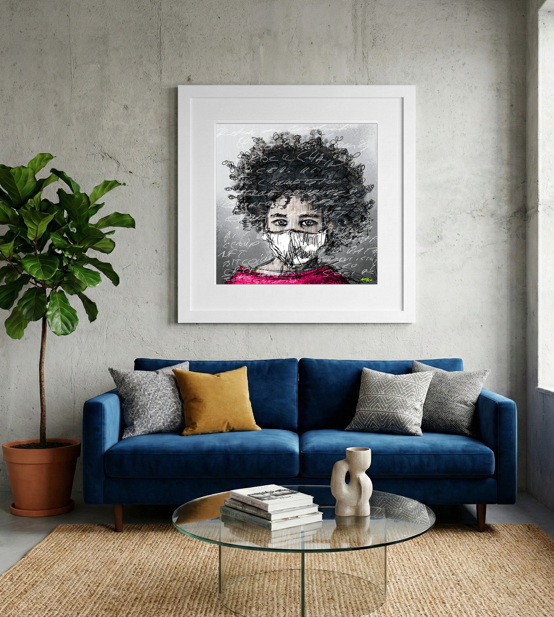 Gray and Magenta Digital Masked Portrait — art on the wall, room interior preview 2