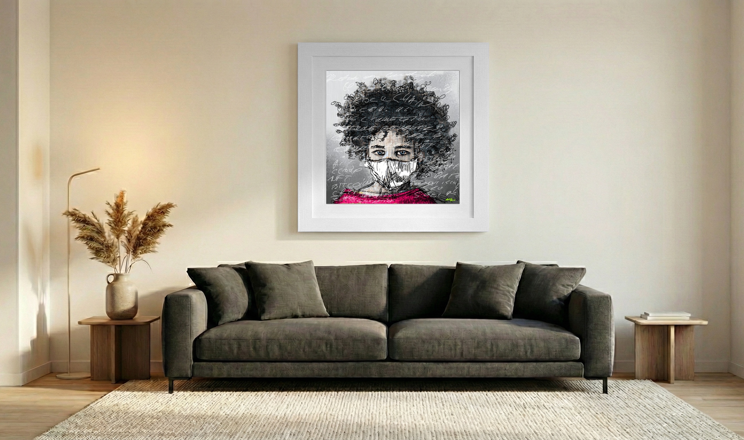 Gray and Magenta Digital Masked Portrait — art on the wall, room interior preview 3