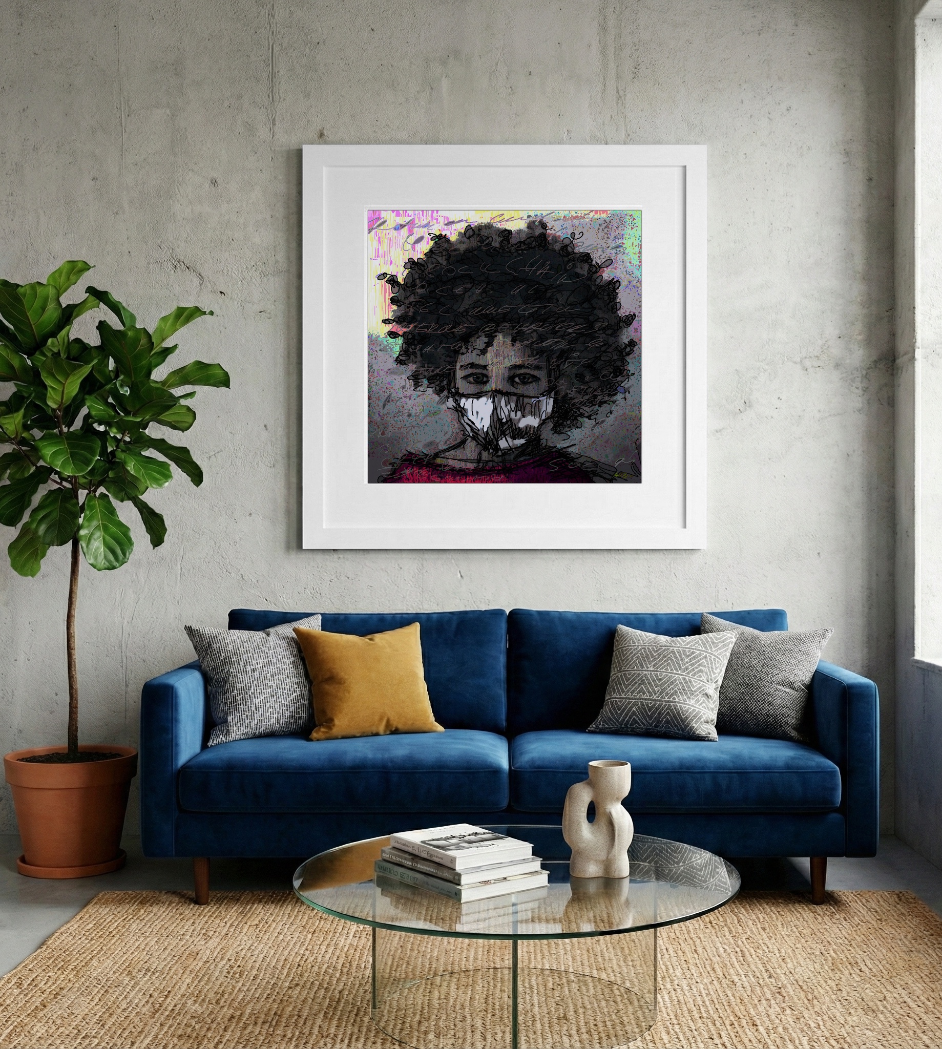 Magenta and Charcoal Masked Portrait — art on the wall, room interior preview 2