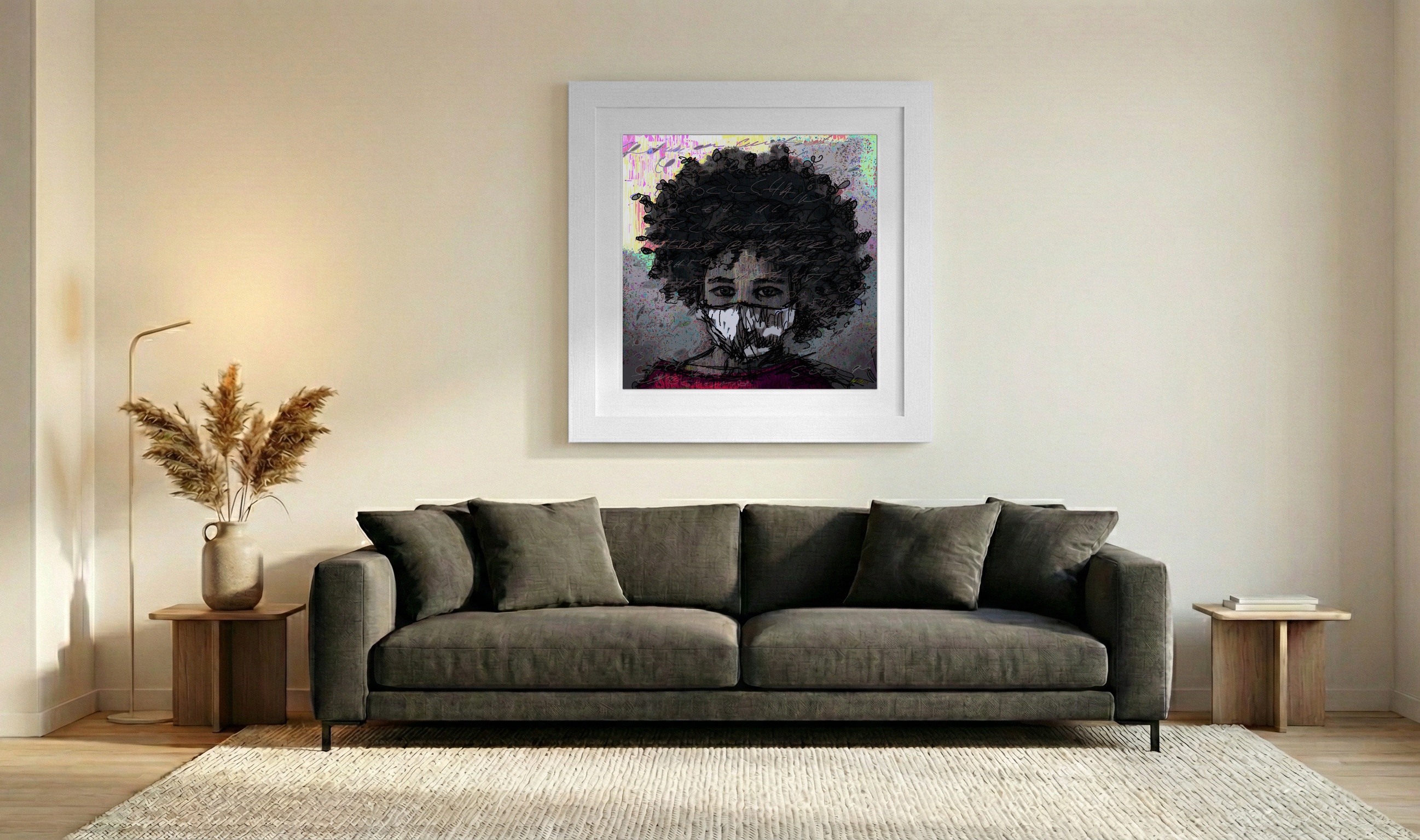 Magenta and Charcoal Masked Portrait — art on the wall, room interior preview 3