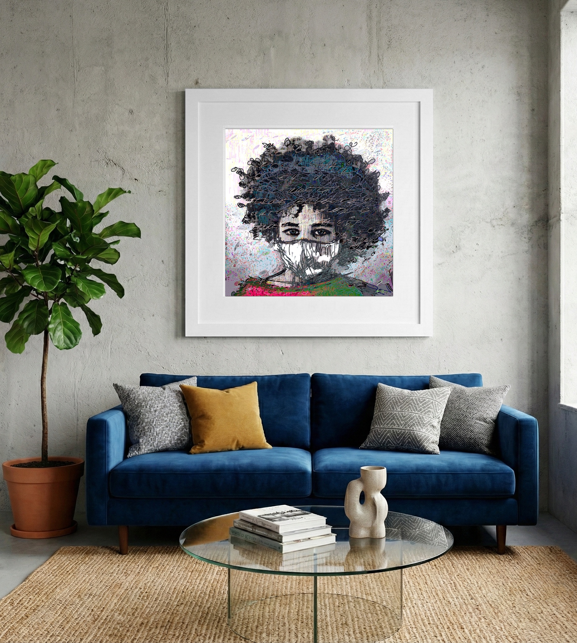 Cerulean and Charcoal Girl in Mask — art on the wall, room interior preview 2
