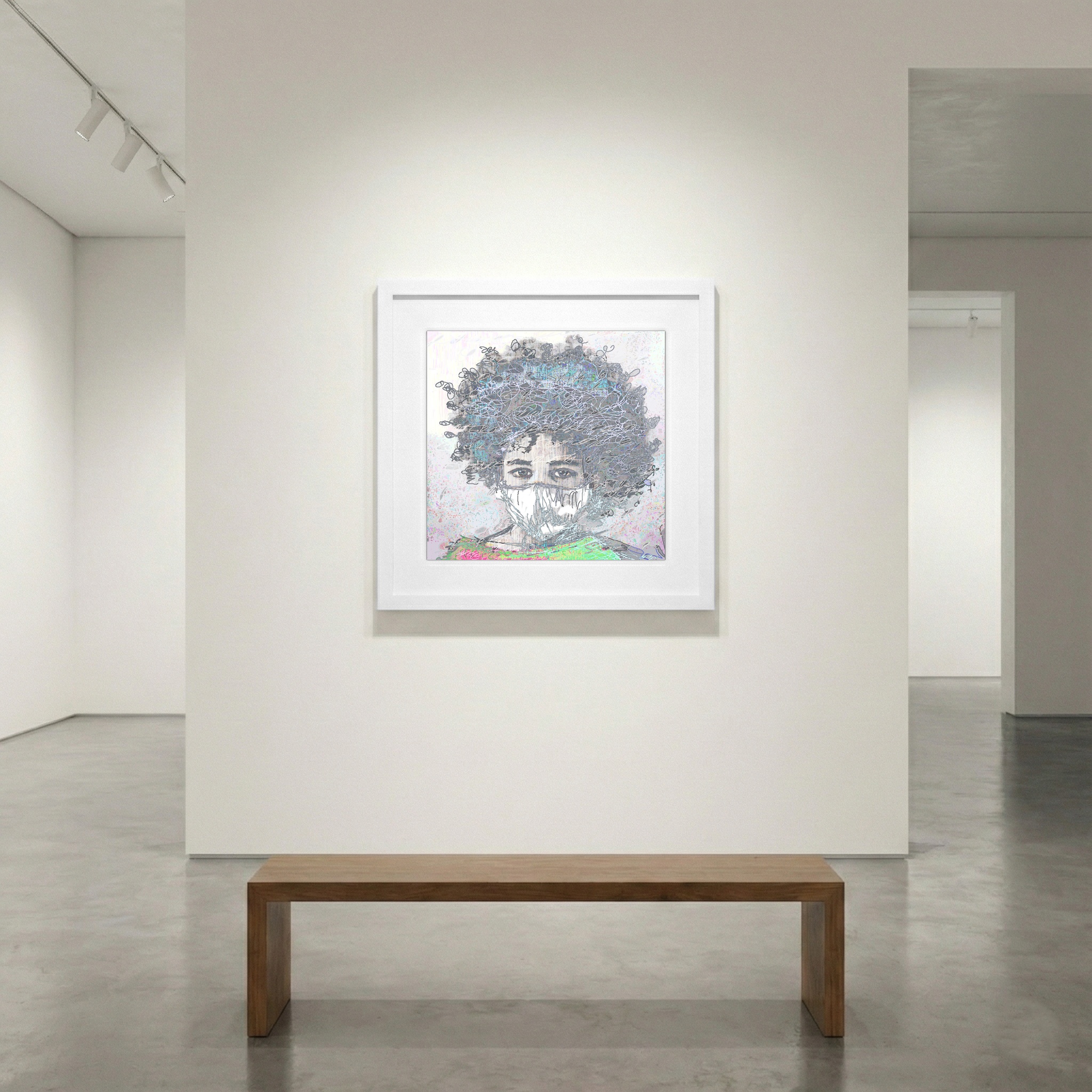 Cyan and Charcoal Masked Girl — art on the wall, room interior preview 1