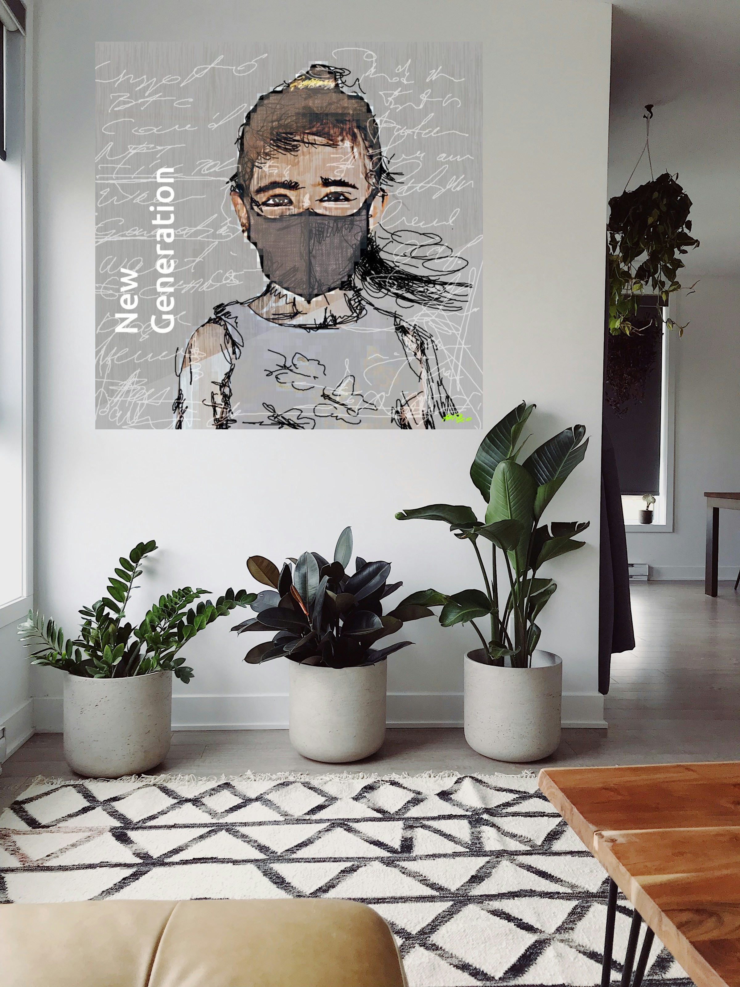 Charcoal Grey Masked Figure — art on the wall, room interior preview 1