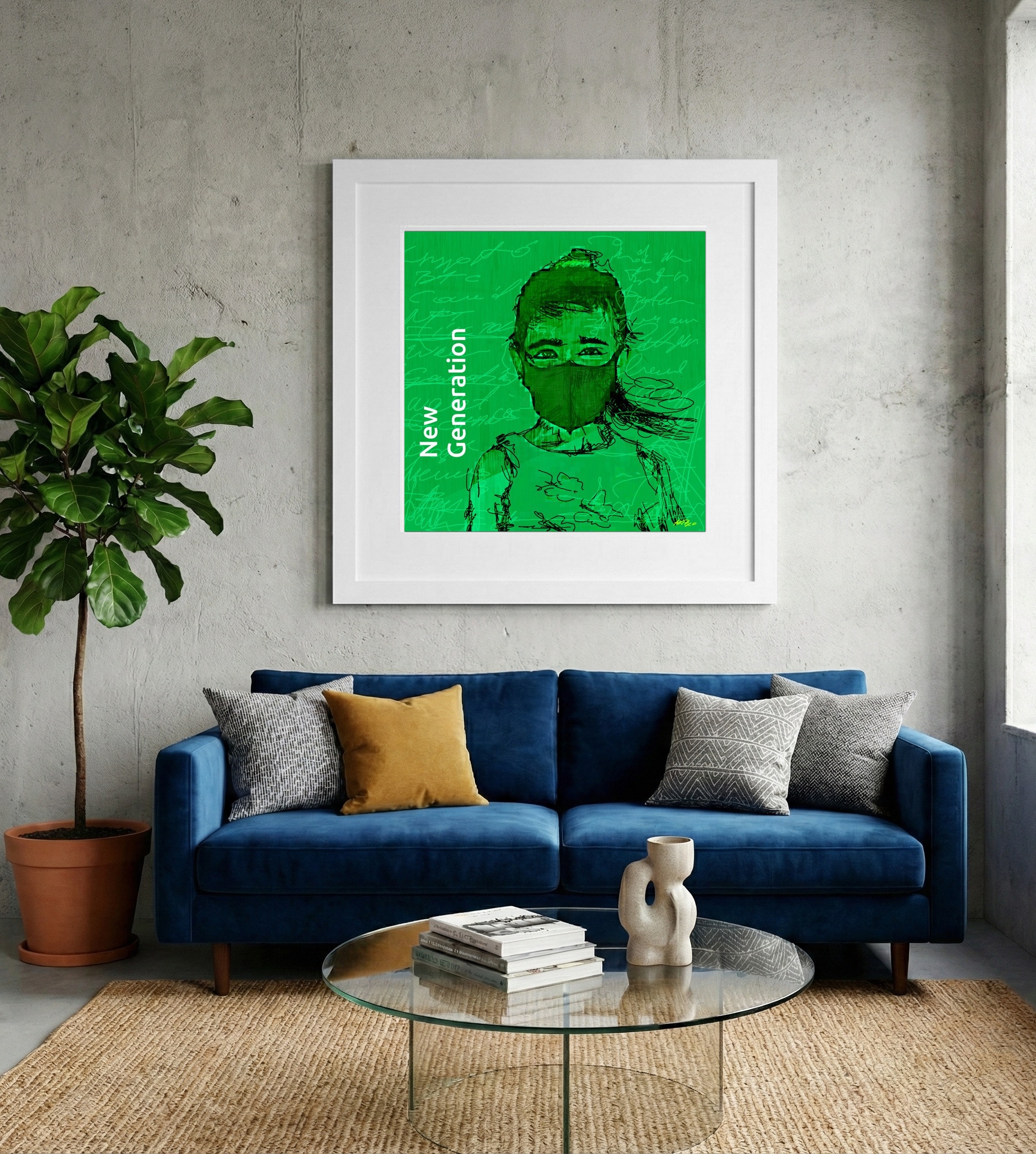 Emerald and Lime Masked Portrait — art on the wall, room interior preview 2