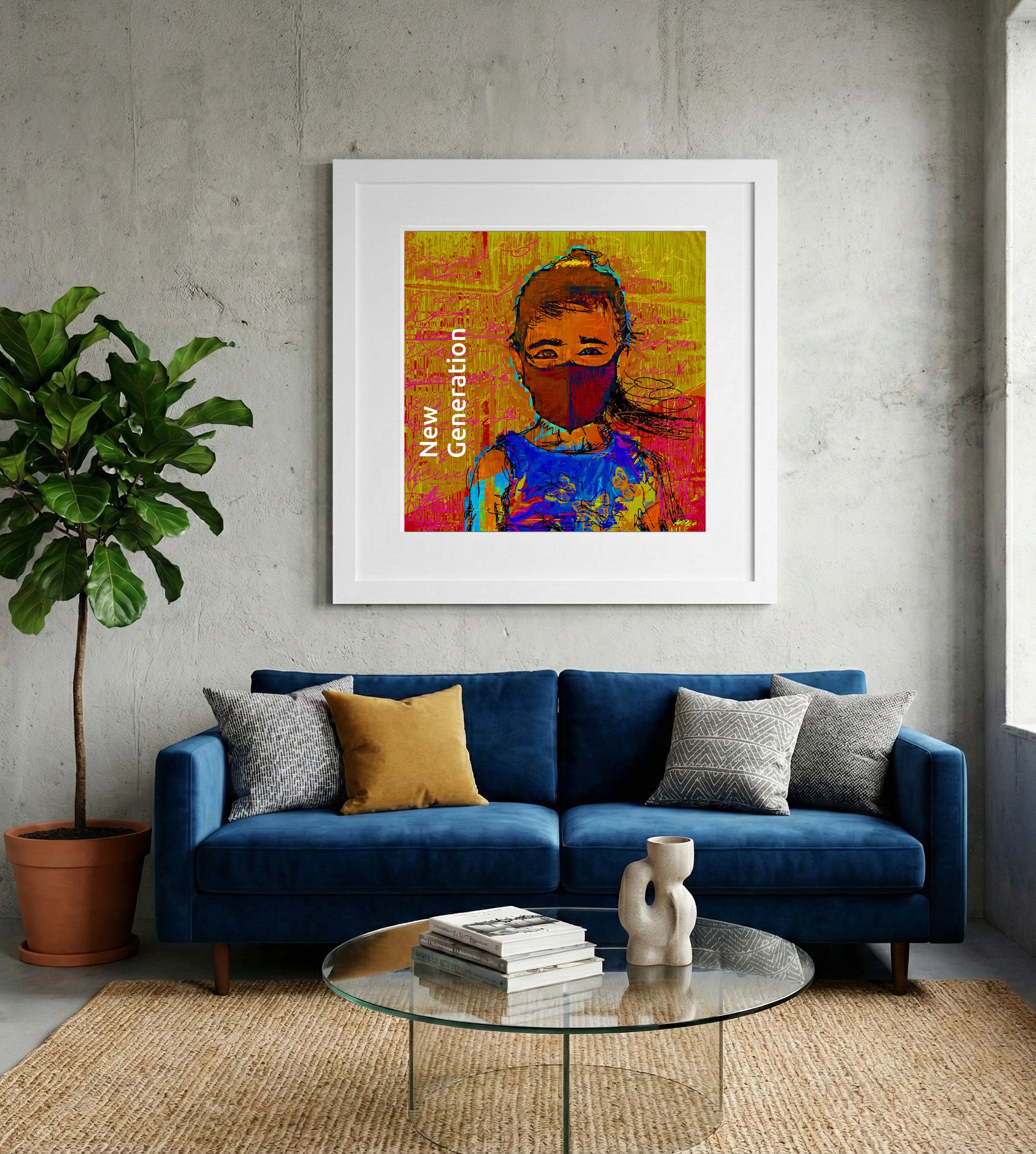 Cerulean and Crimson Masked Child Art — art on the wall, room interior preview 2
