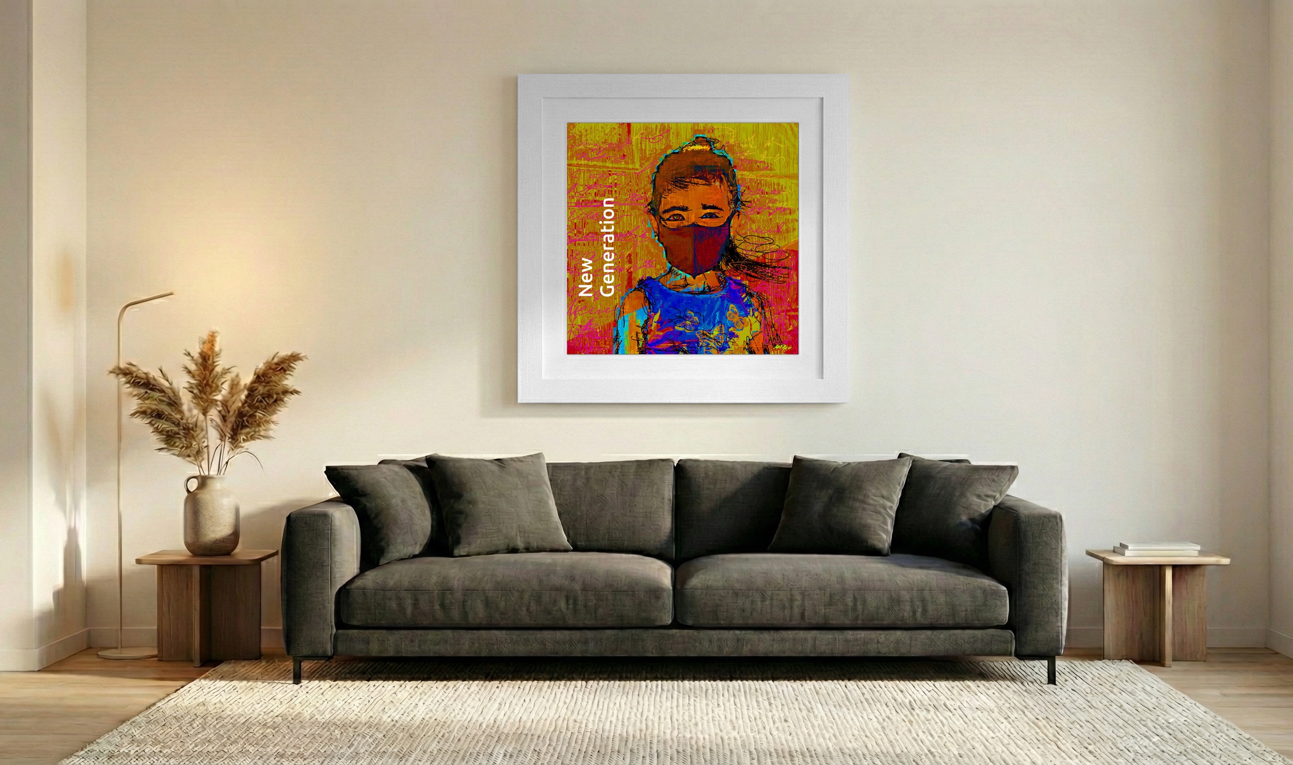 Cerulean and Crimson Masked Child Art — art on the wall, room interior preview 3