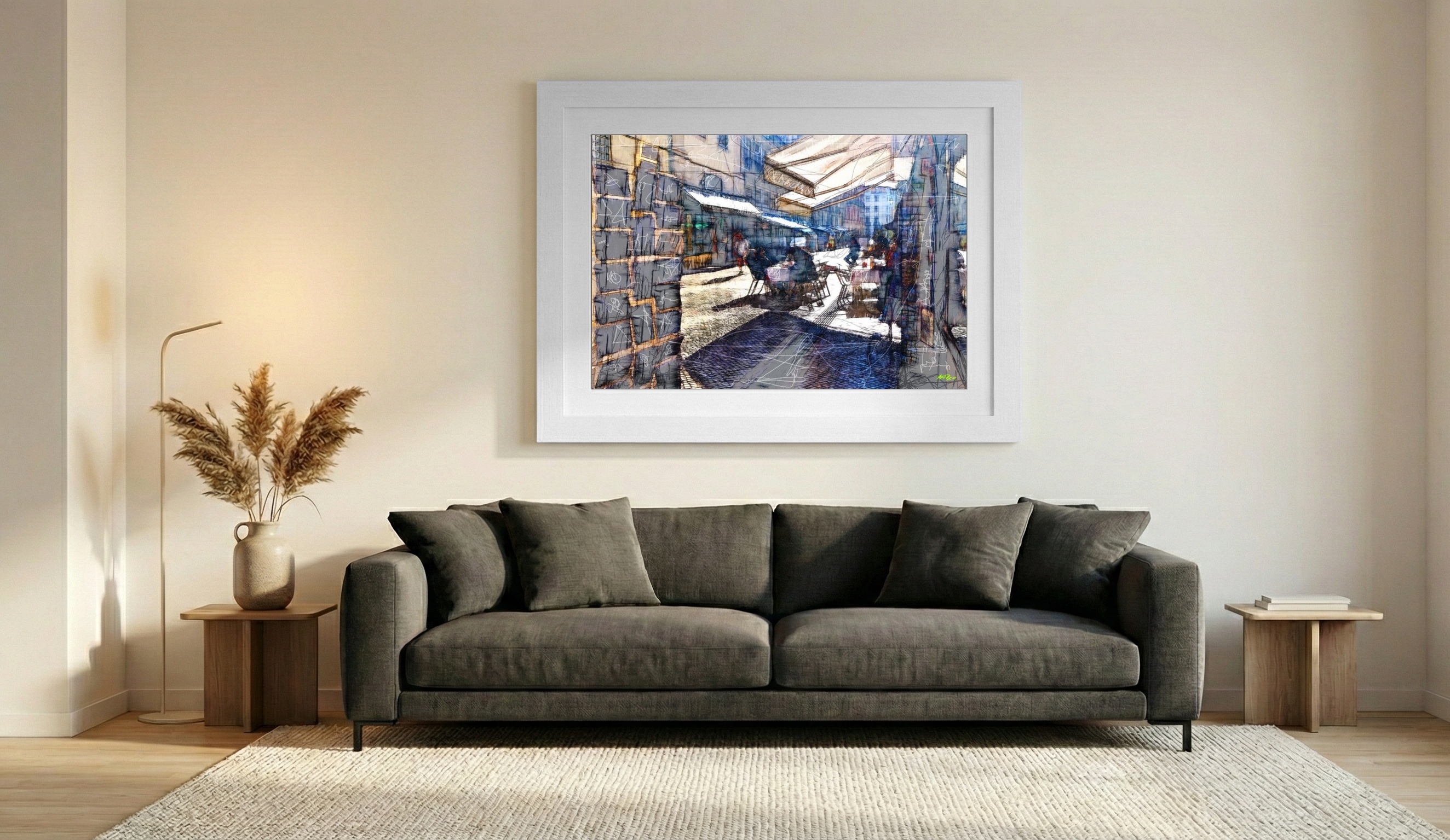 Golden Urban Scene in Digital Warmth — art on the wall, room interior preview 1