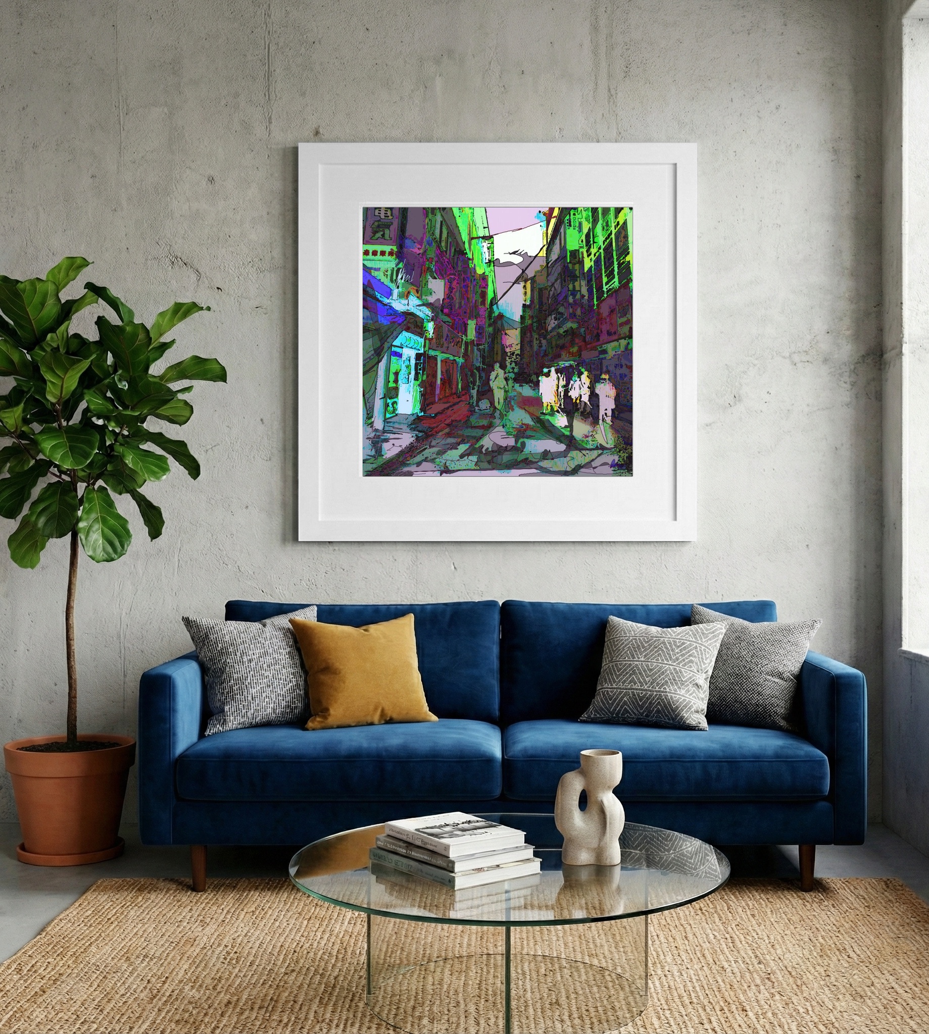 Dynamic Neon Green Cityscape — art on the wall, room interior preview 2