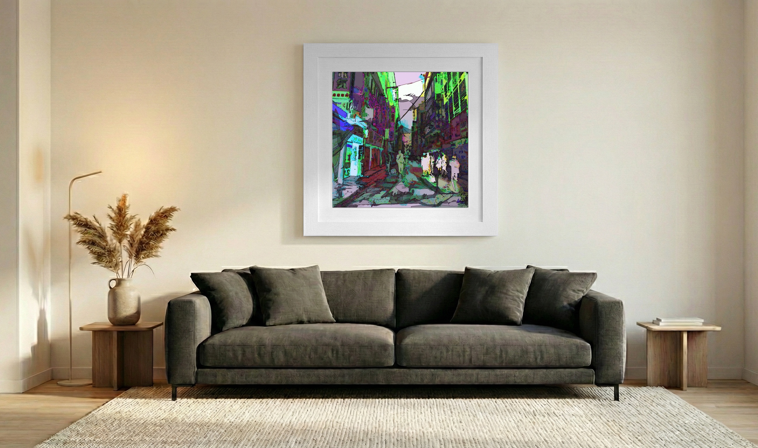 Dynamic Neon Green Cityscape — art on the wall, room interior preview 3