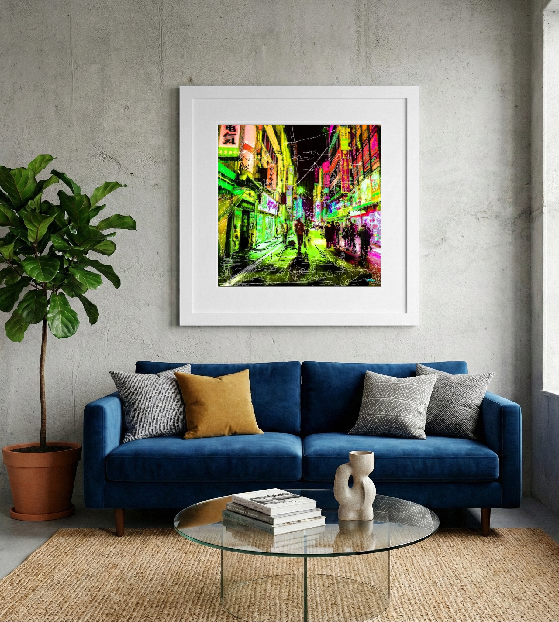 Electric Neon Burst in Urban Life — art on the wall, room interior preview 2