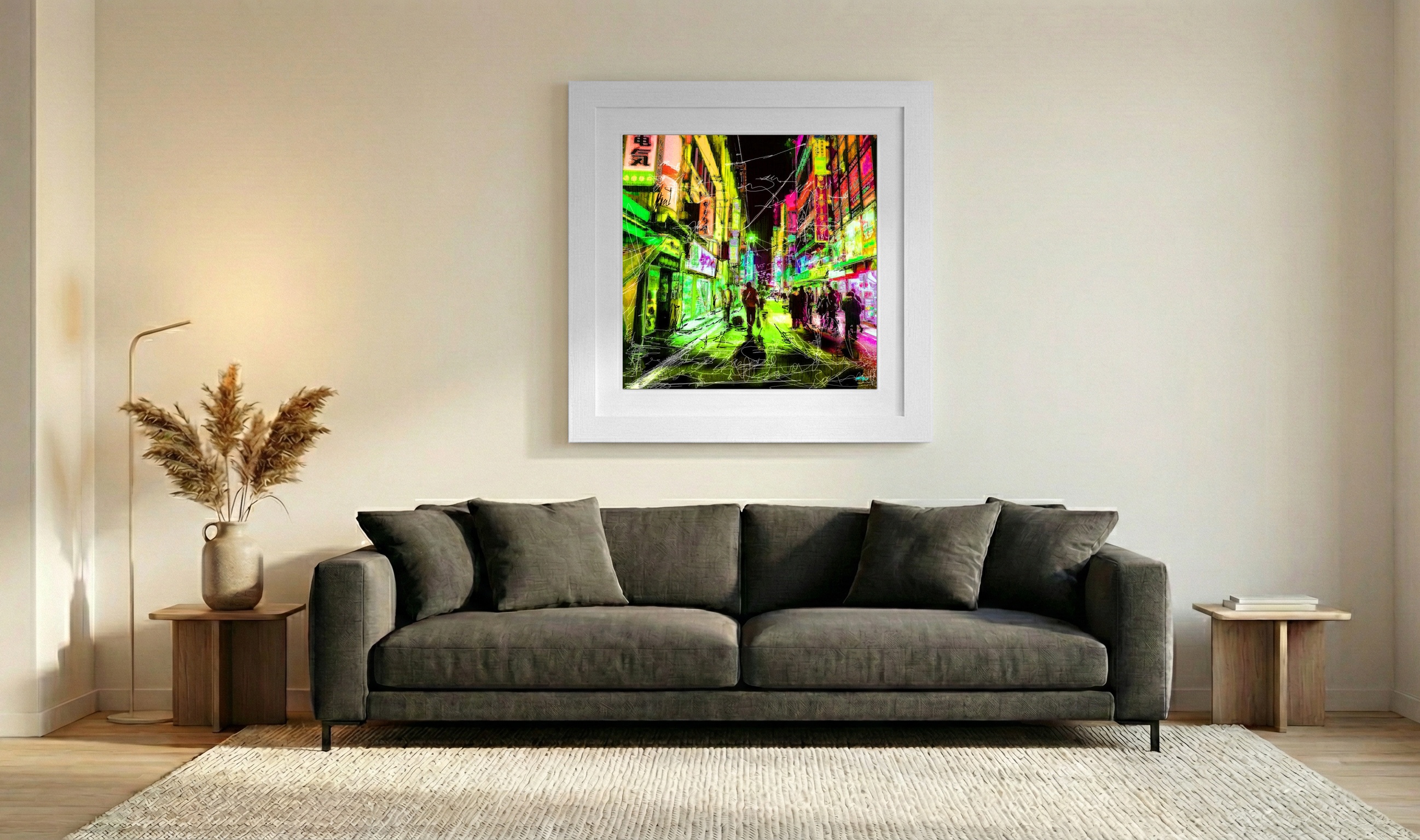 Electric Neon Burst in Urban Life — art on the wall, room interior preview 3