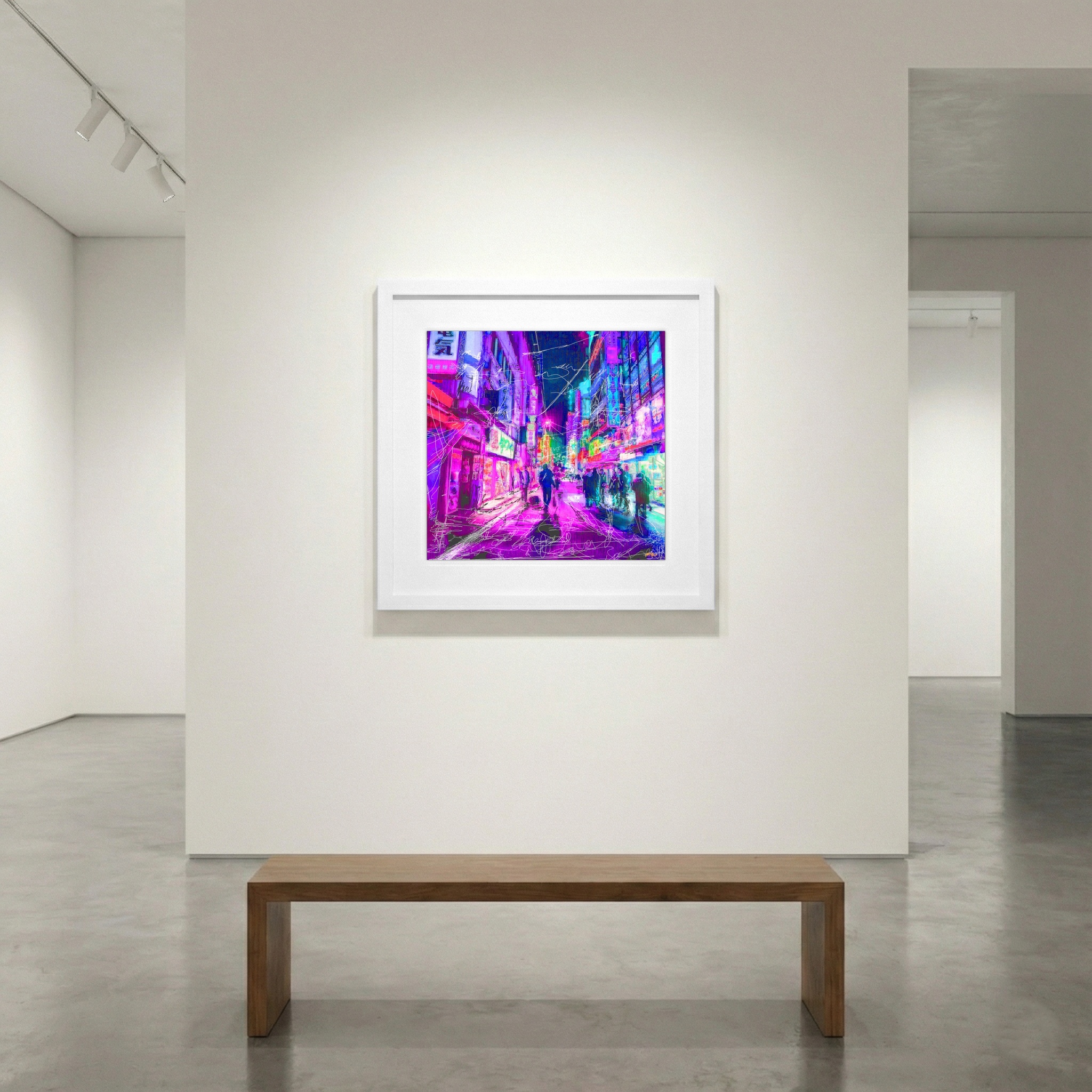 Glowing Magenta Urban Scene — art on the wall, room interior preview 1