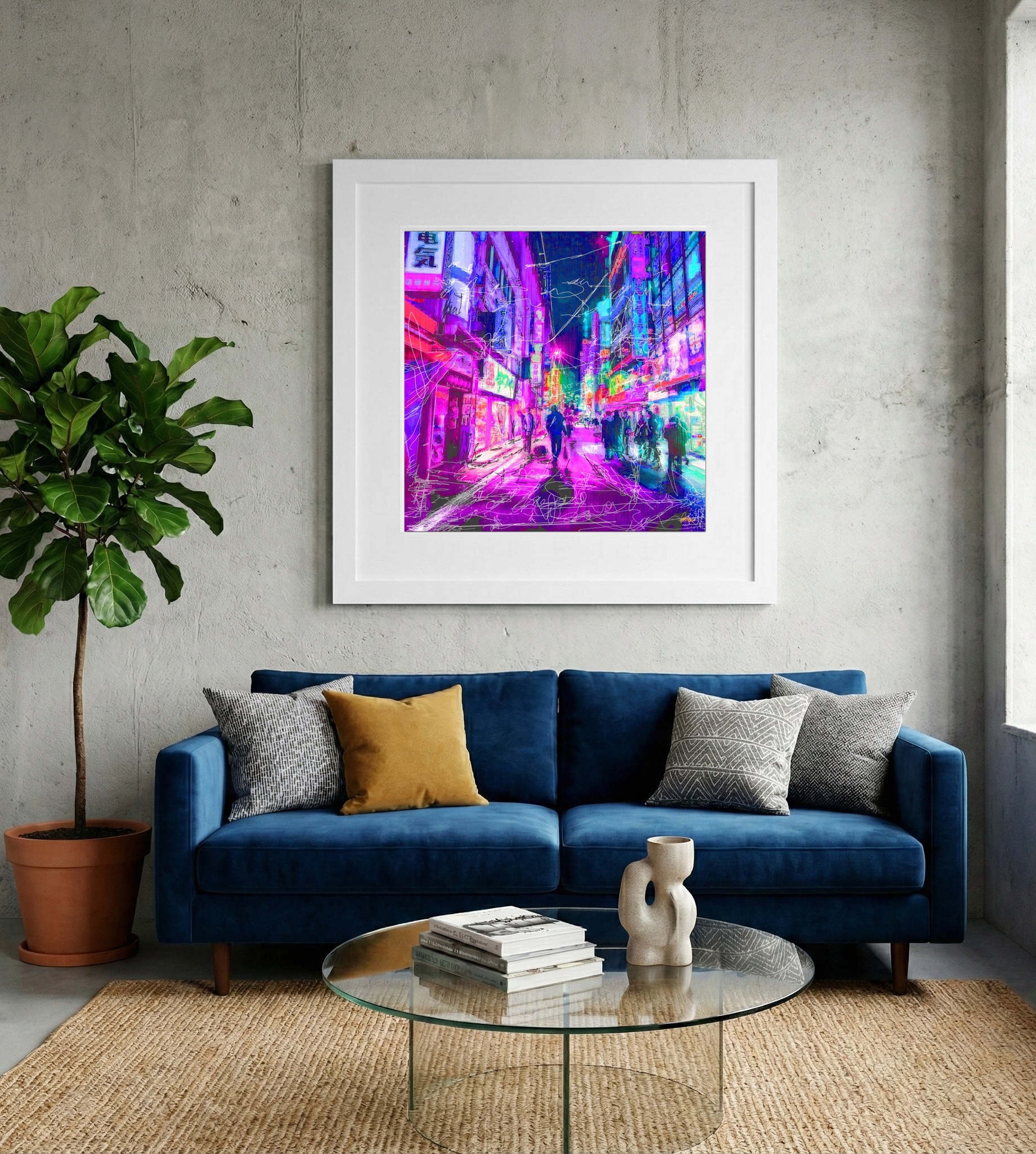 Glowing Magenta Urban Scene — art on the wall, room interior preview 2