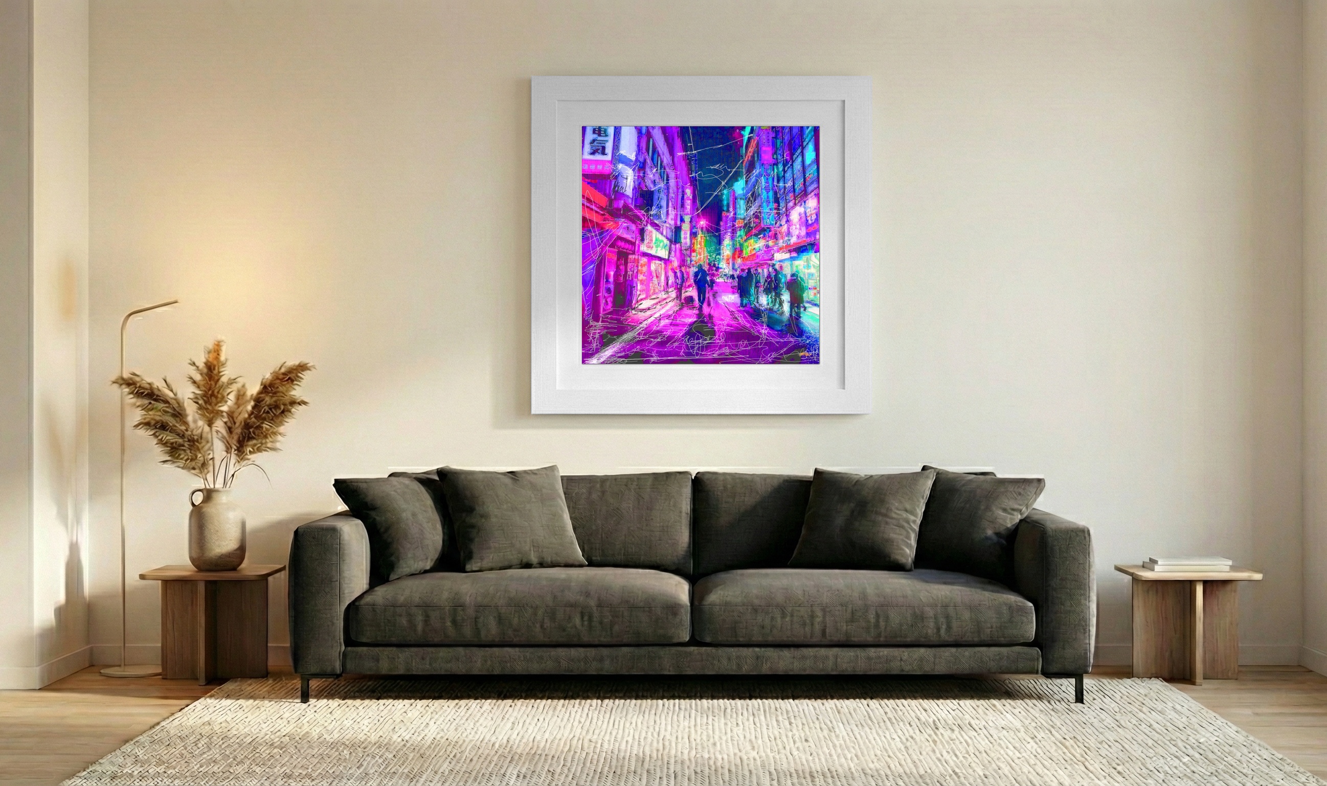 Glowing Magenta Urban Scene — art on the wall, room interior preview 3