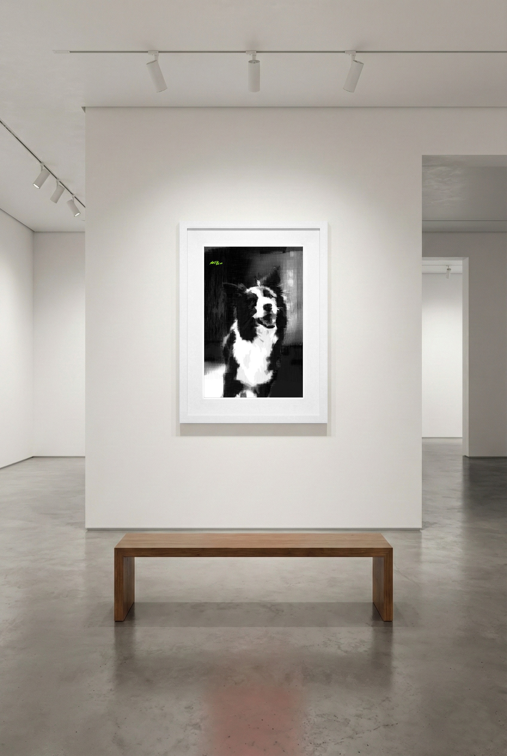 Dynamic Black and White Dog Portrait — art on the wall, room interior preview 3