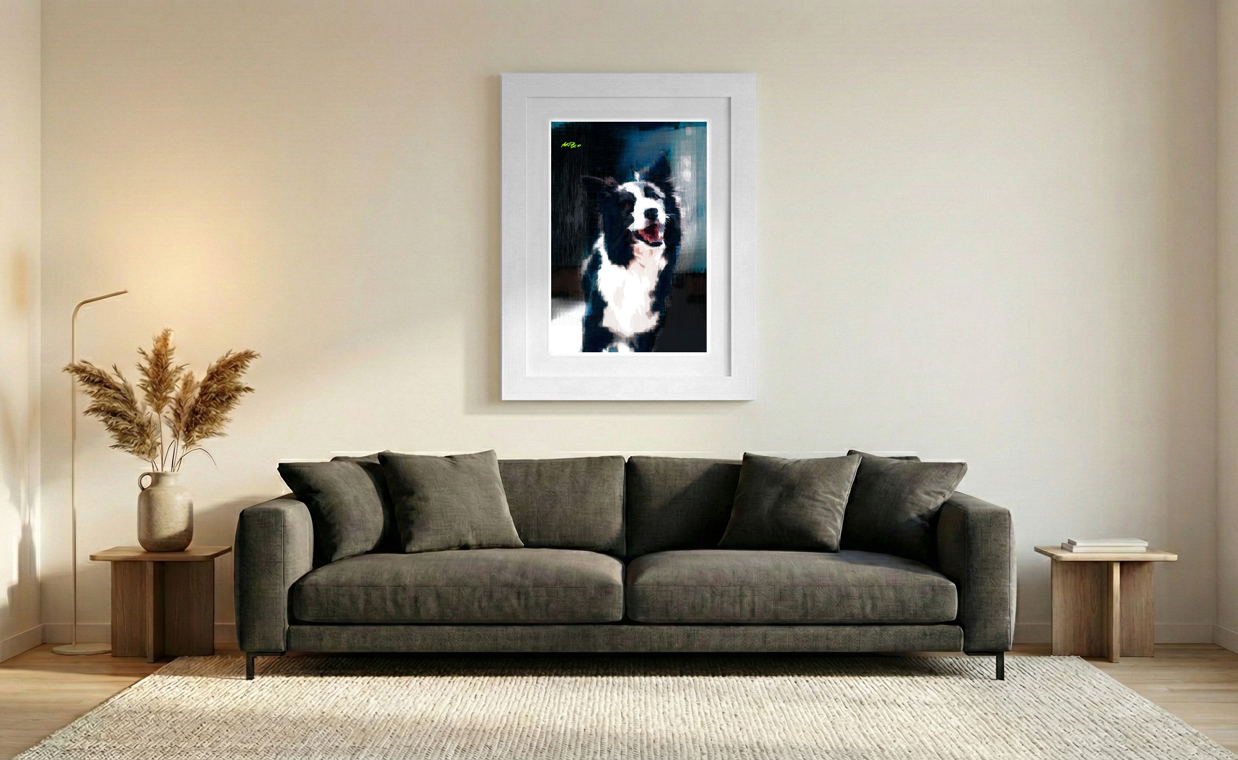 Energetic Black and White Dog Motion Art — art on the wall, room interior preview 2