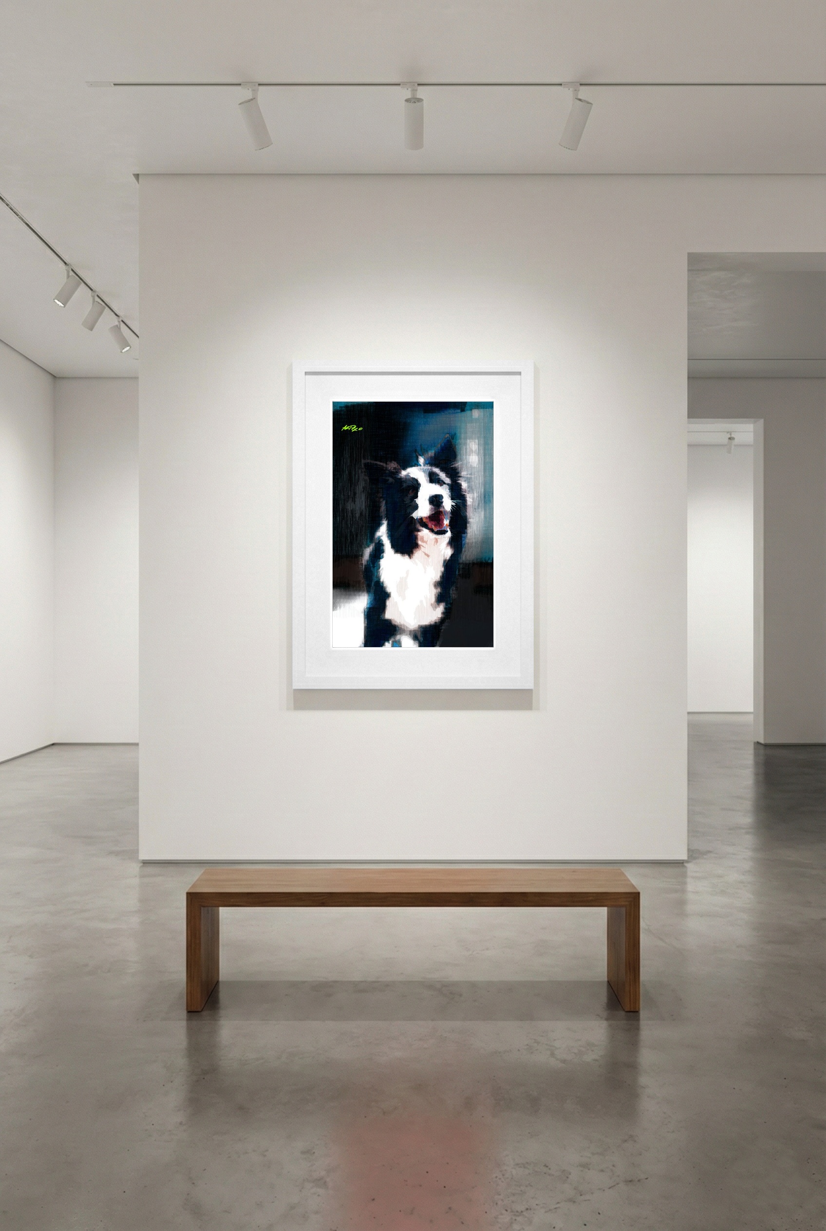 Energetic Black and White Dog Motion Art — art on the wall, room interior preview 3