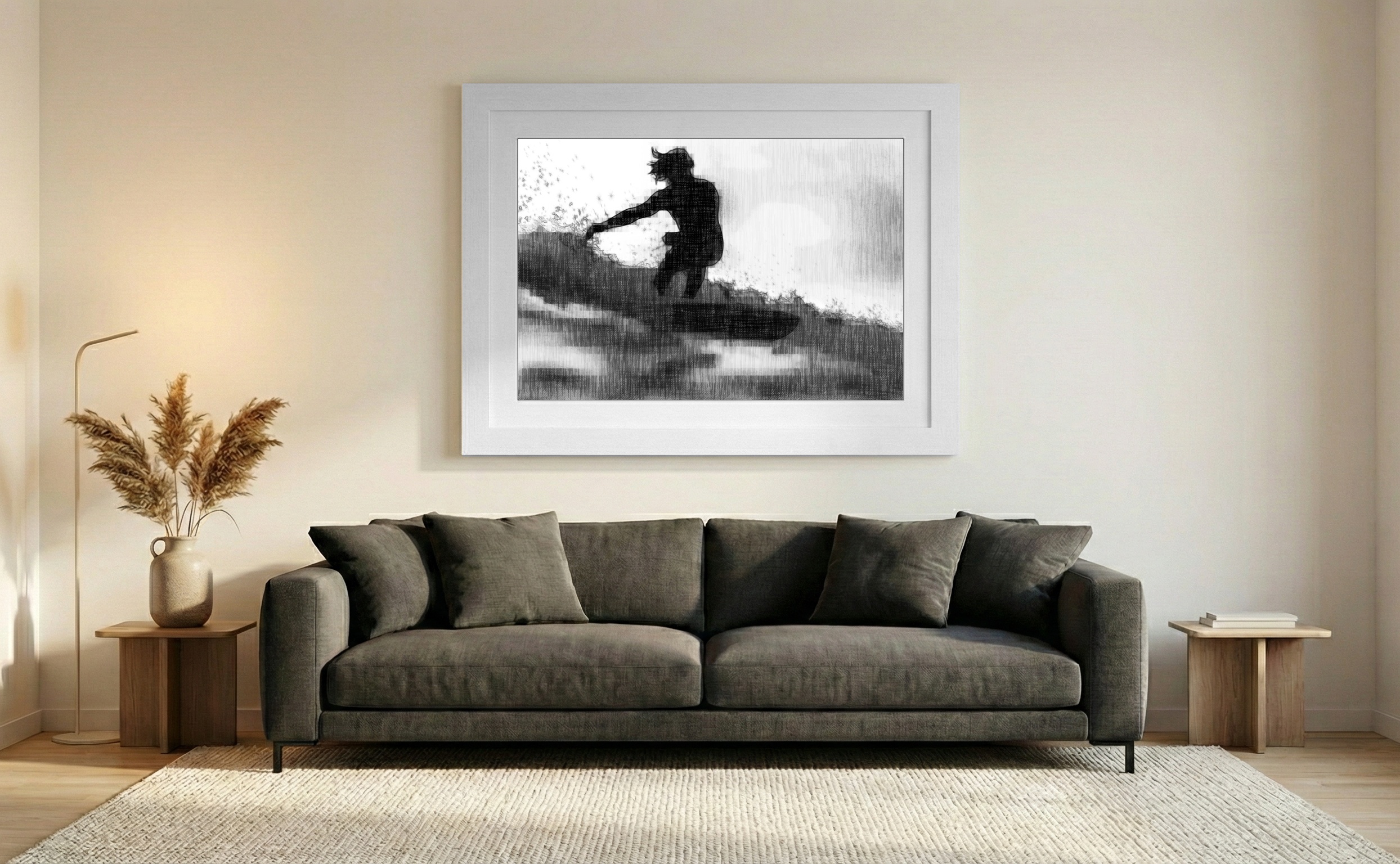 Dramatic Black Windsurfer in Gray Waves — art on the wall, room interior preview 2