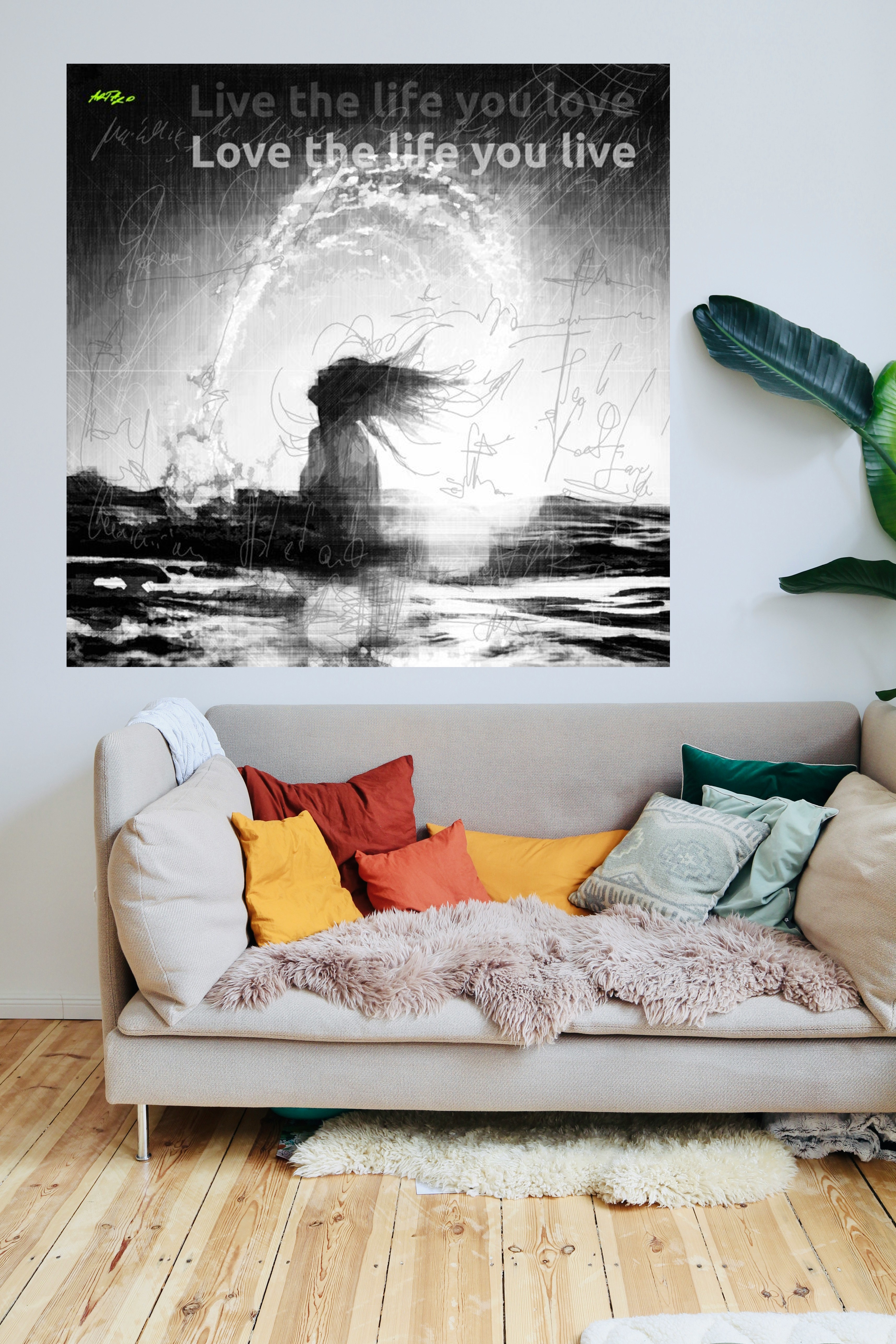 Black and White Woman by the Sea — art on the wall, room interior preview 1