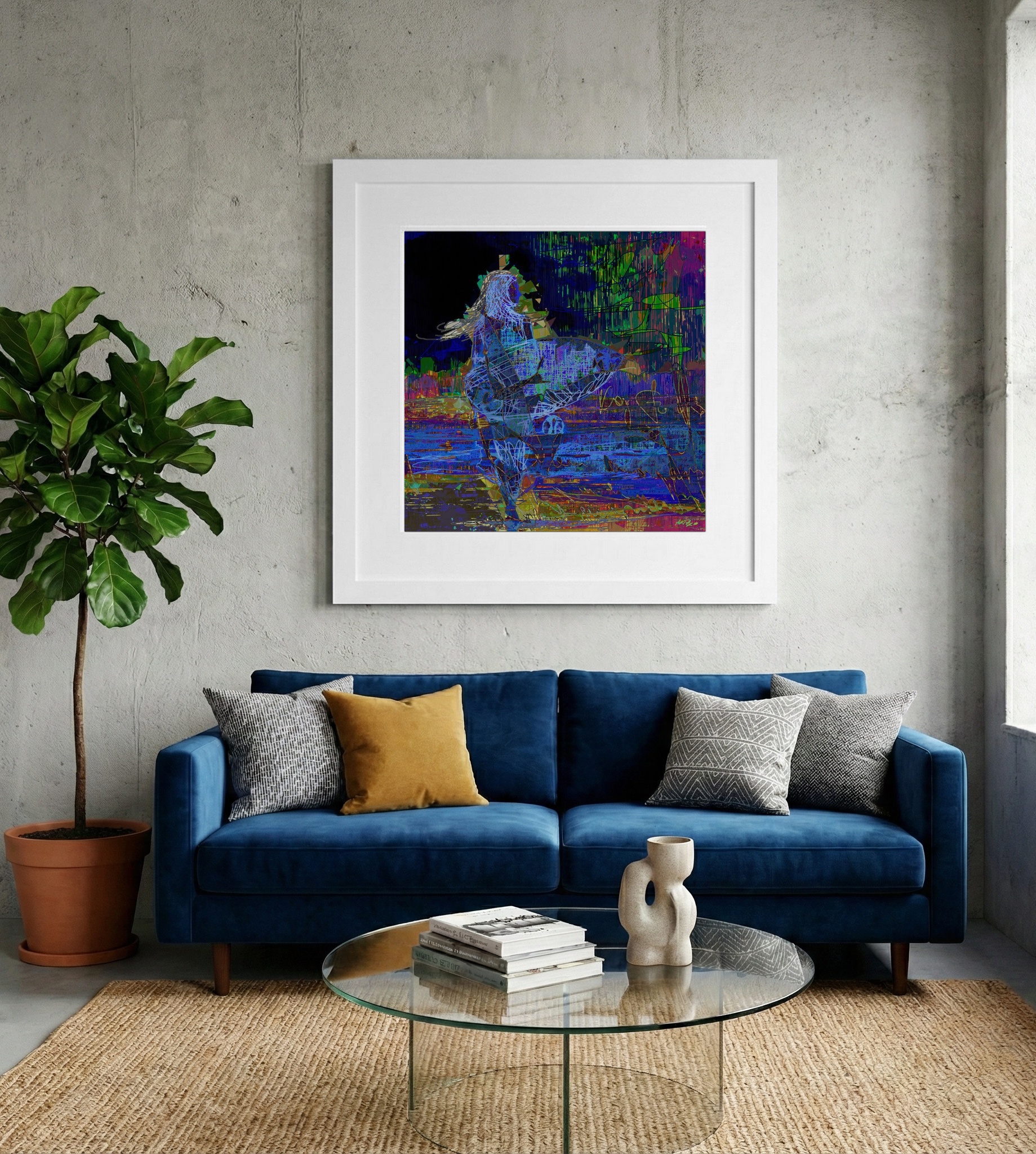 Electric Blue Surfing Girl Digital Art — art on the wall, room interior preview 2