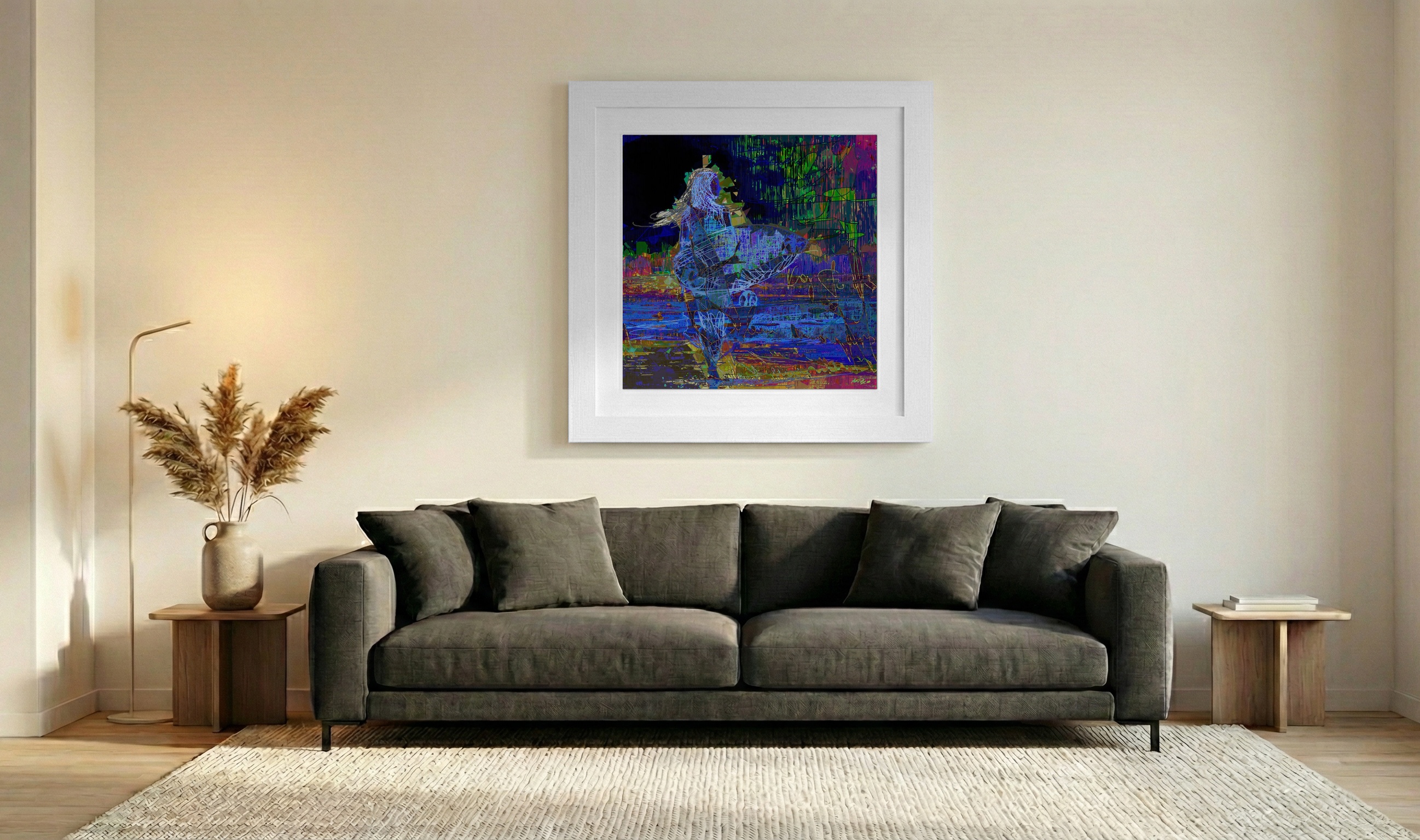 Electric Blue Surfing Girl Digital Art — art on the wall, room interior preview 3