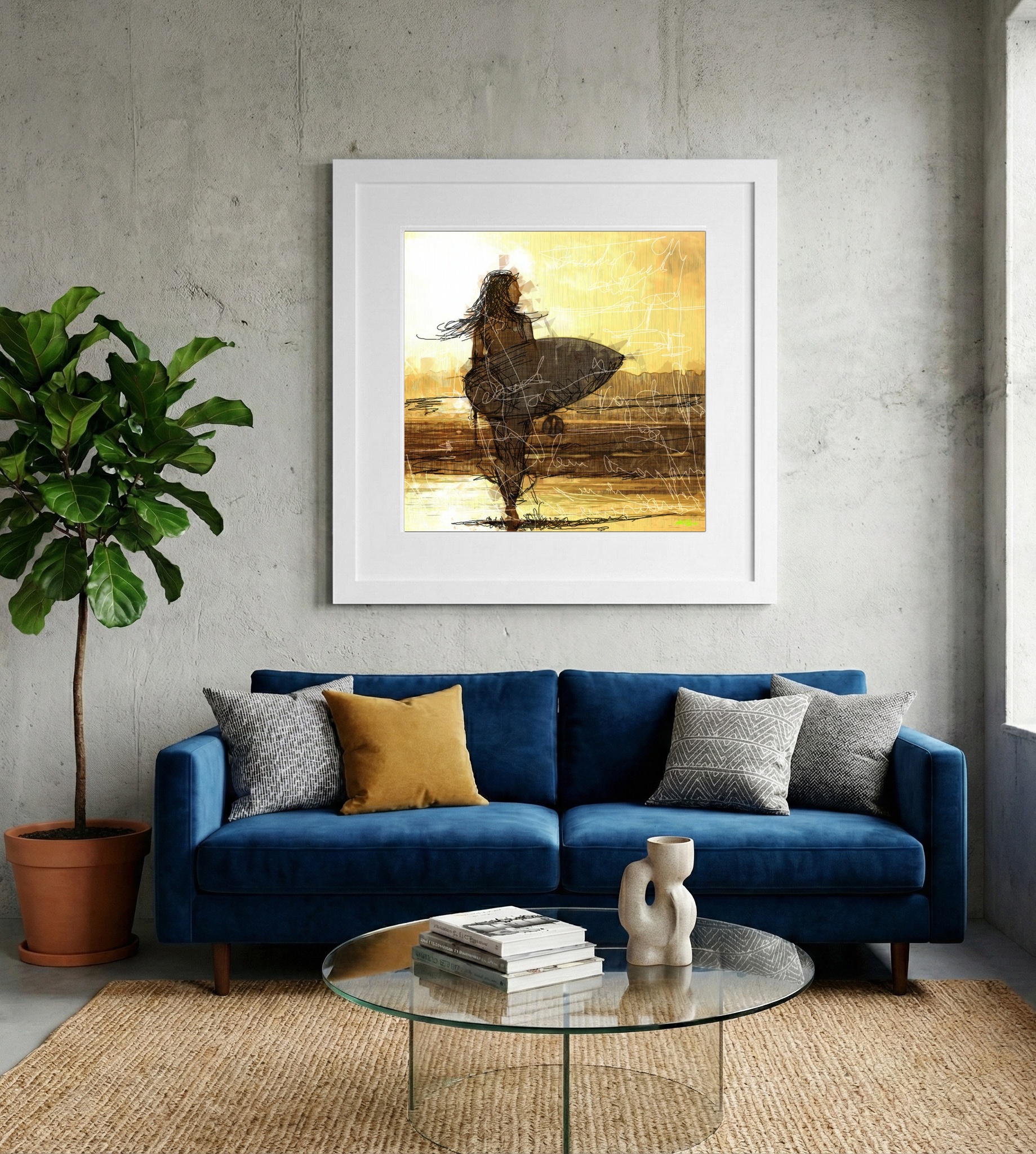 Golden Sunset with Surfboard Silhouette — art on the wall, room interior preview 2