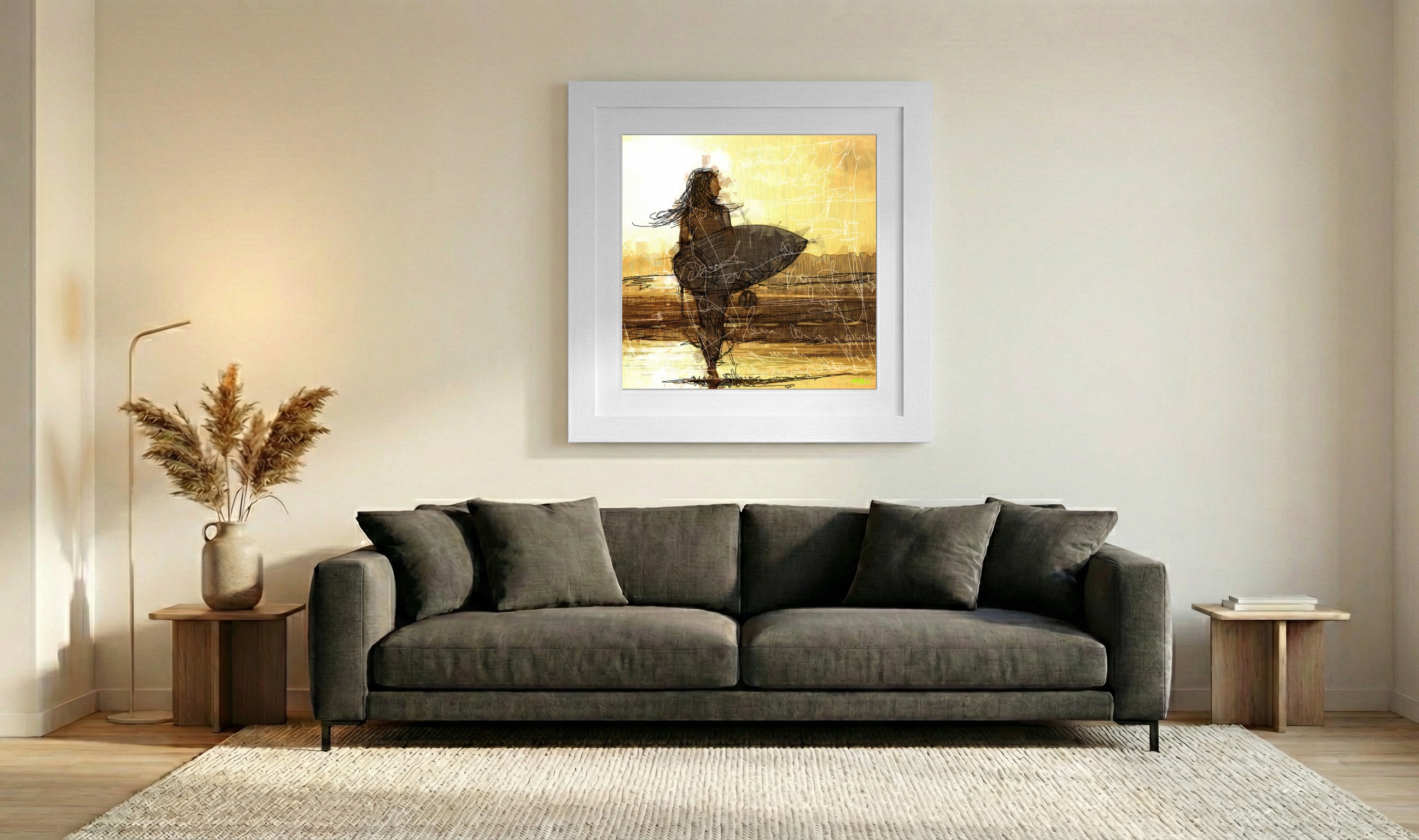 Golden Sunset with Surfboard Silhouette — art on the wall, room interior preview 3