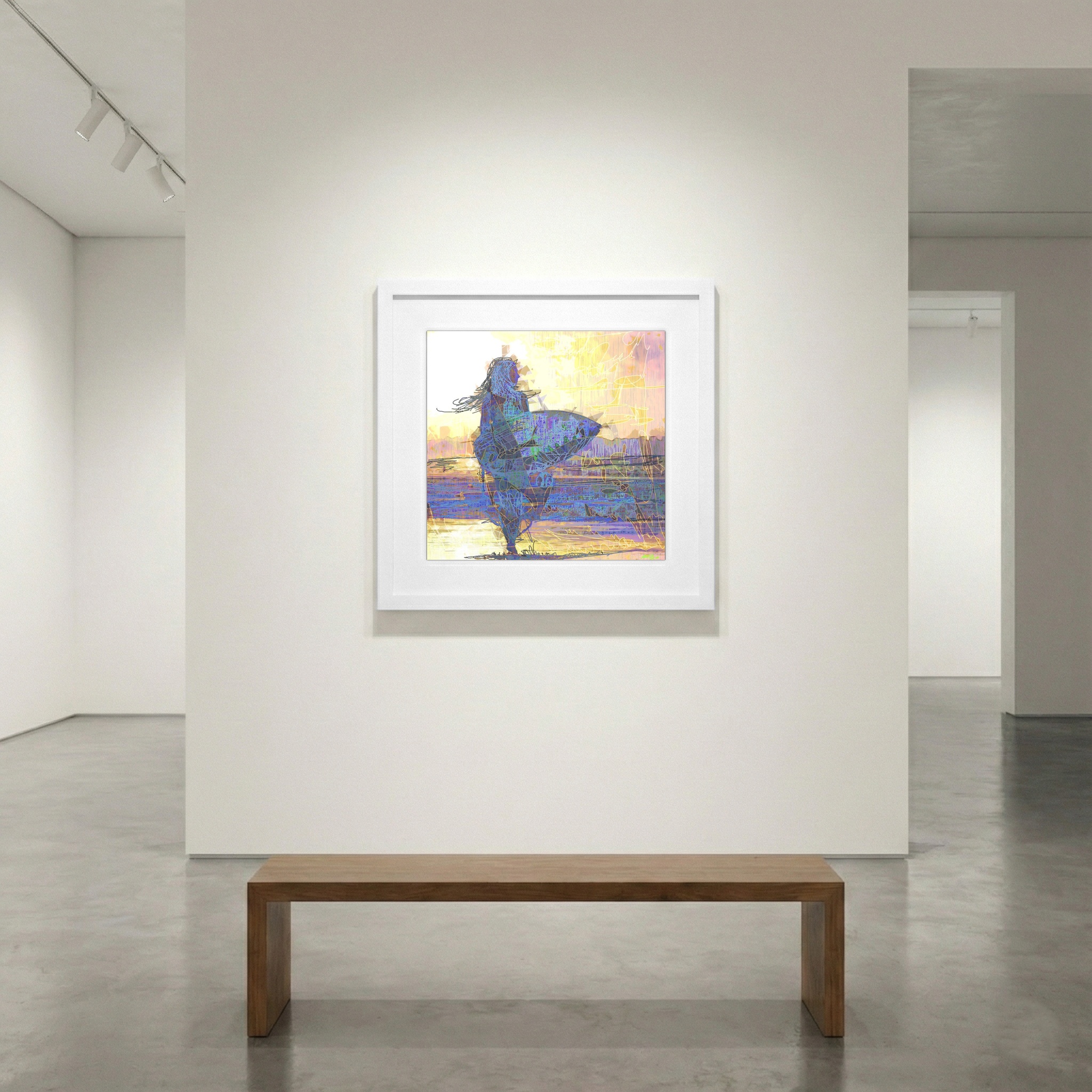 Joyful Blue Surfing Girl Digital Art — art on the wall, room interior preview 1