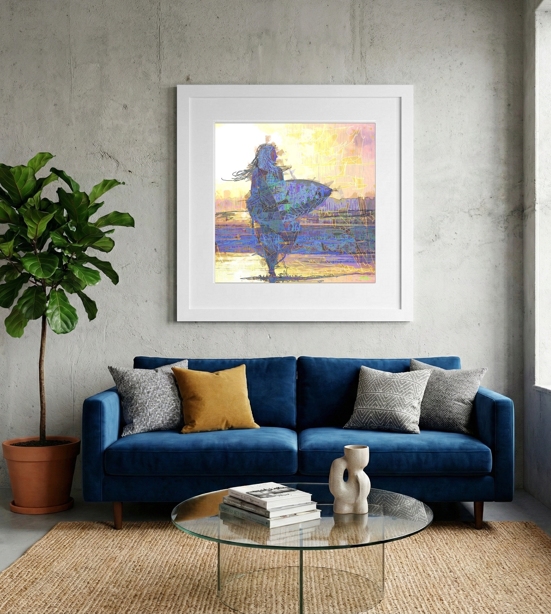 Joyful Blue Surfing Girl Digital Art — art on the wall, room interior preview 2