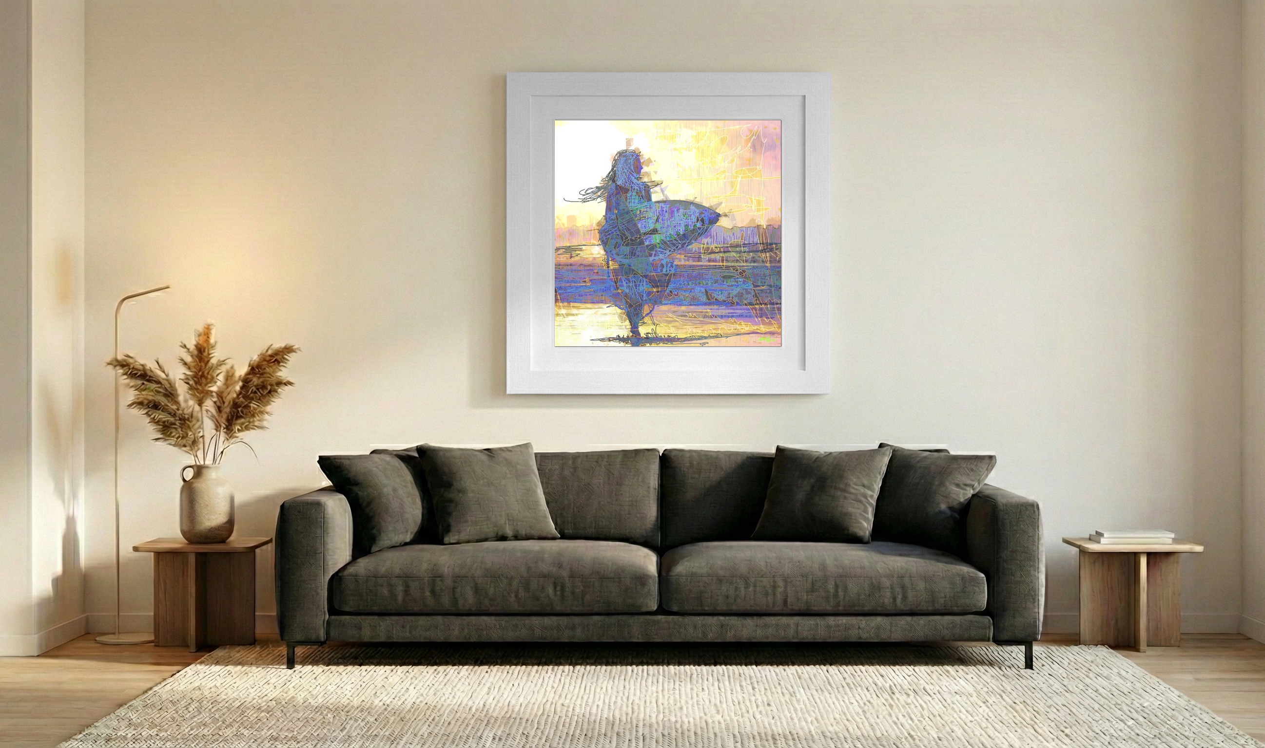 Joyful Blue Surfing Girl Digital Art — art on the wall, room interior preview 3