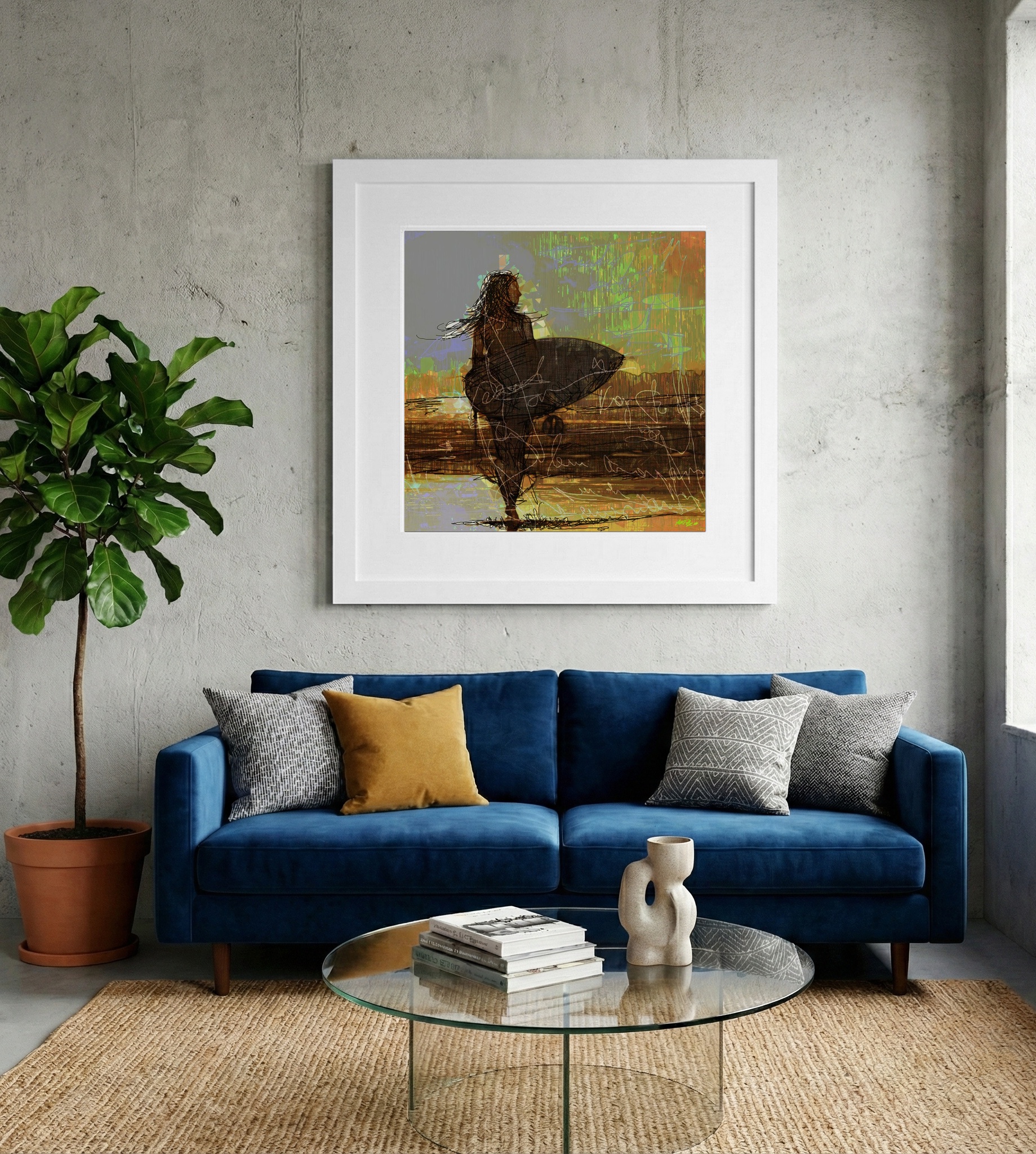 Earthy Tones with Surfboard Silhouette — art on the wall, room interior preview 2