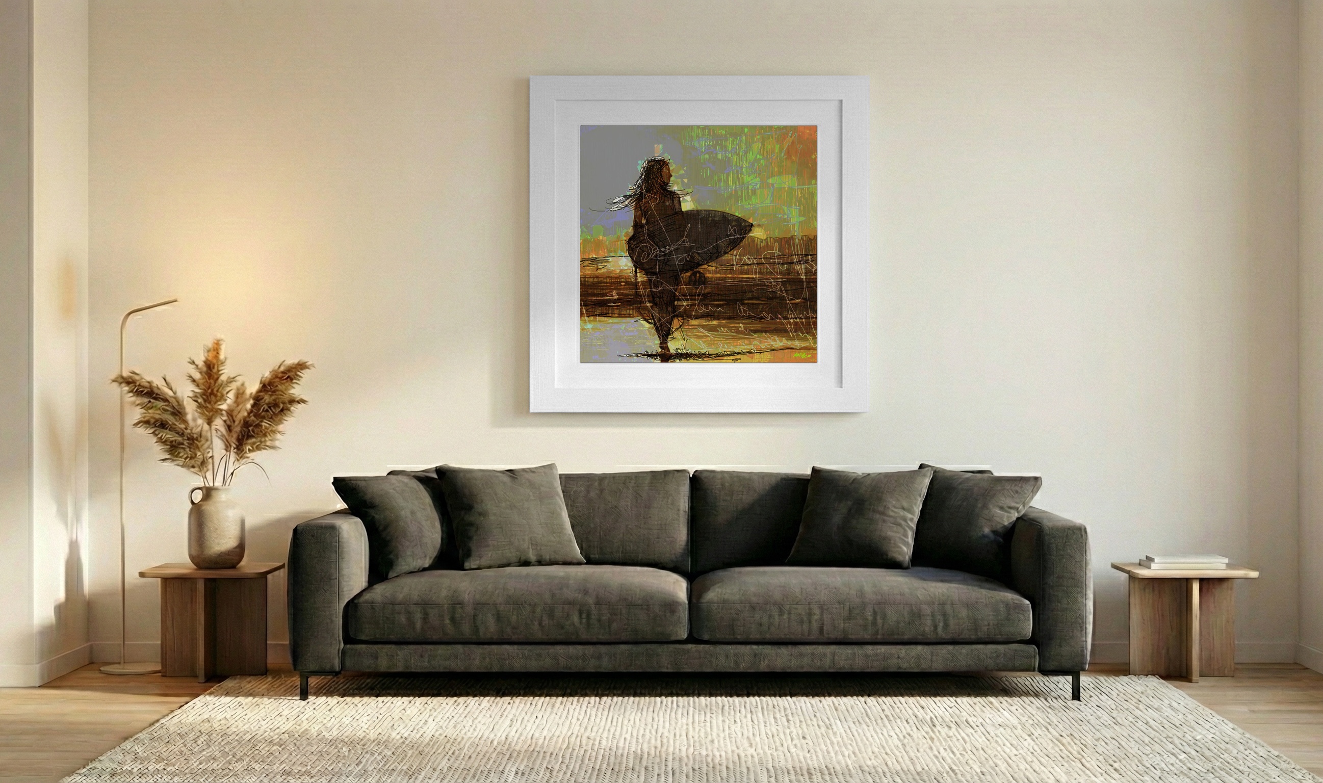 Earthy Tones with Surfboard Silhouette — art on the wall, room interior preview 3