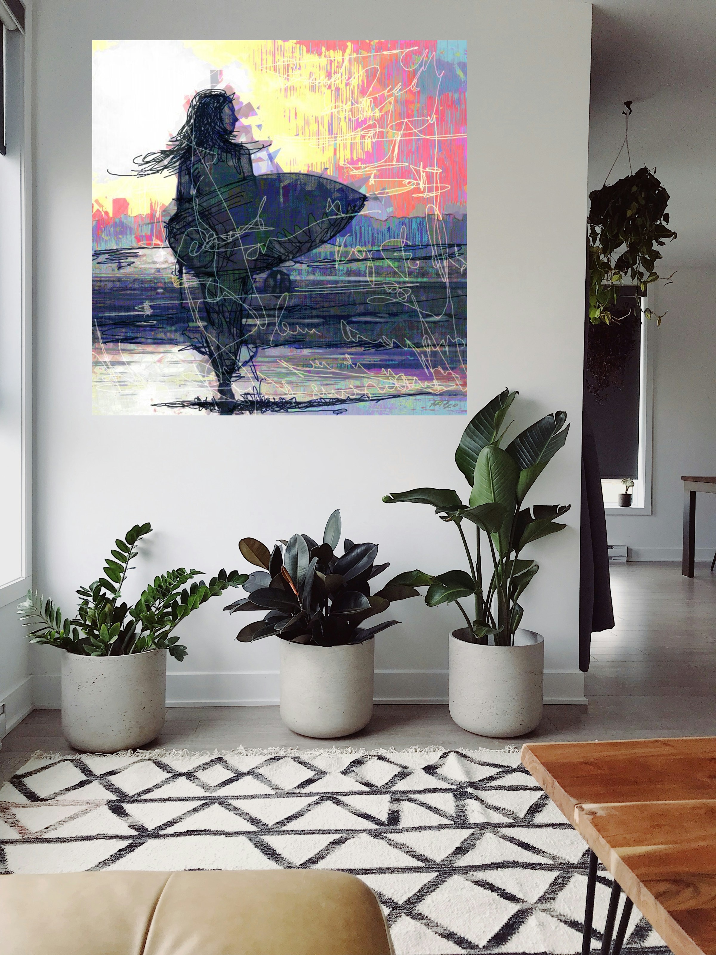 Pastel Sunset with Surfer Silhouette — art on the wall, room interior preview 1