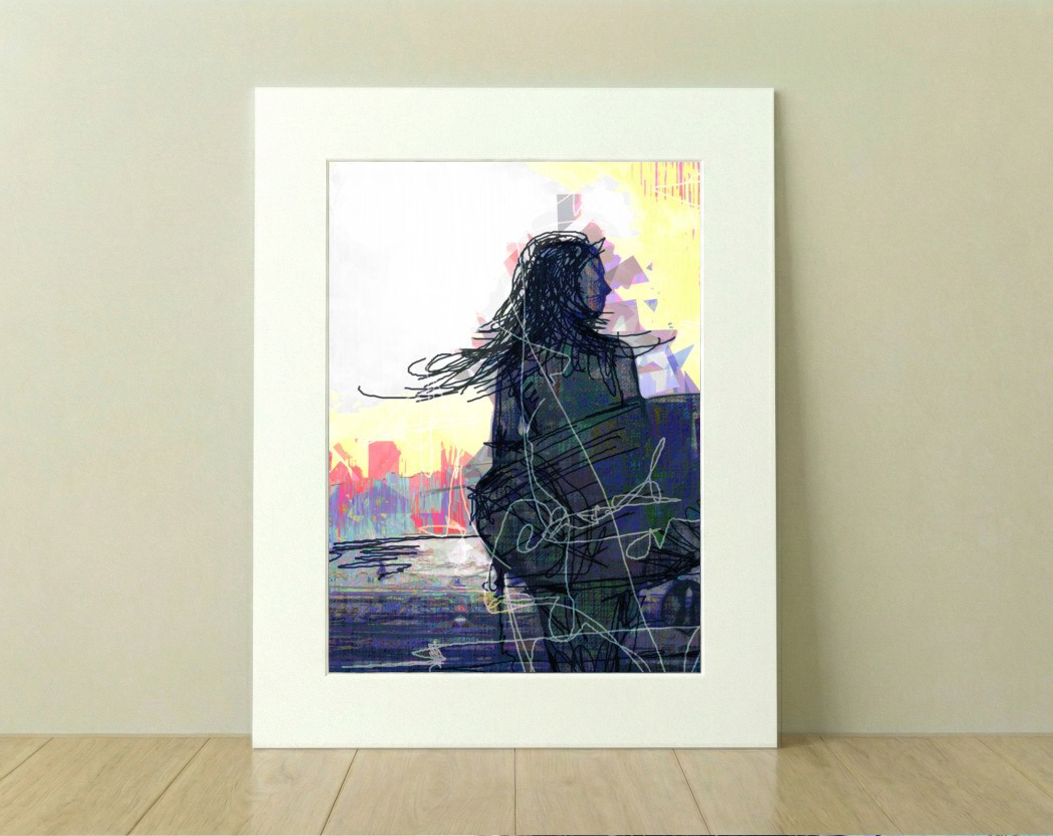 Pastel Sunset with Surfer Silhouette — art on the wall, room interior preview 2