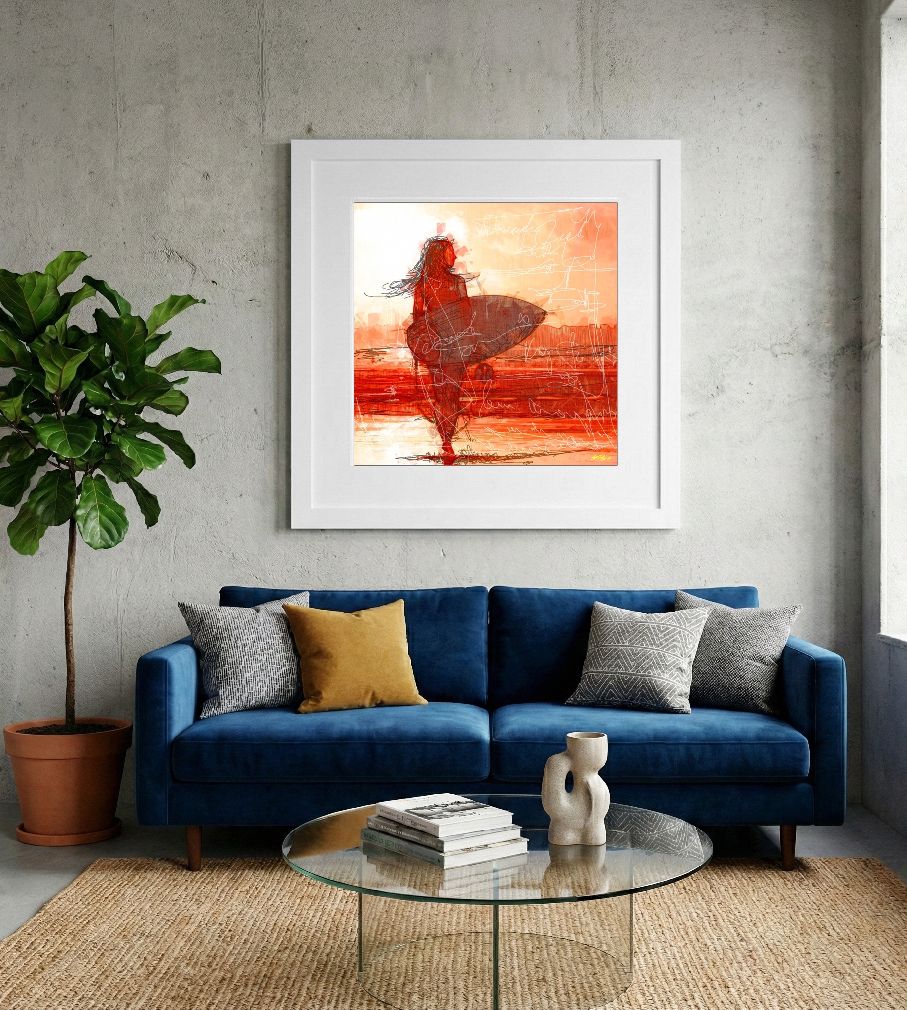 Warm Red Sunset with Surfboard — art on the wall, room interior preview 2