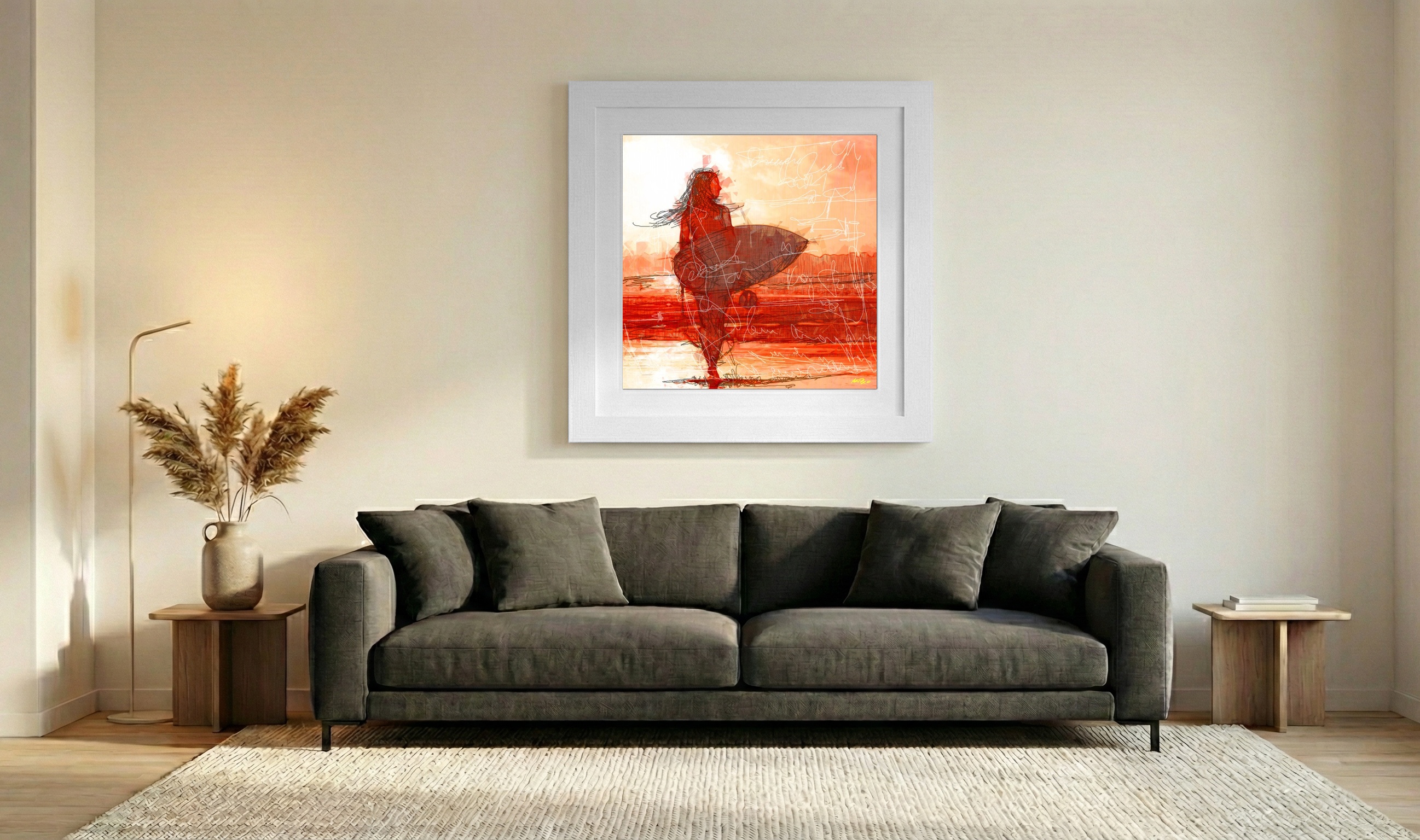 Warm Red Sunset with Surfboard — art on the wall, room interior preview 3