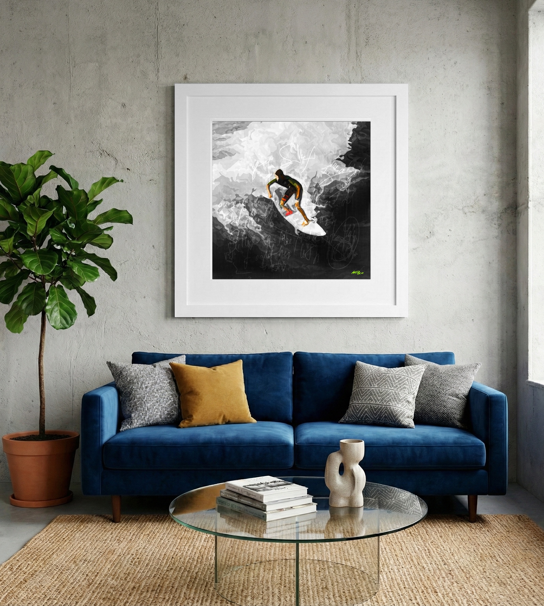 Surfer Riding the Wave in Blue — art on the wall, room interior preview 2