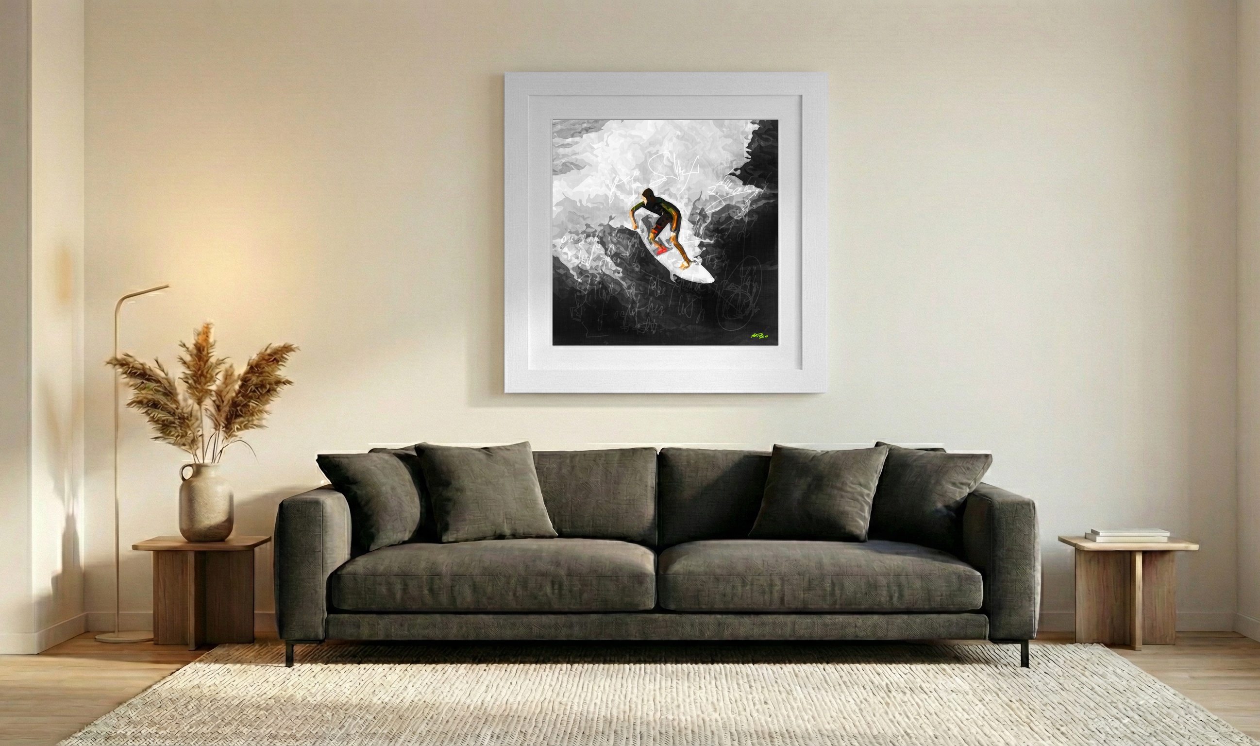 Surfer Riding the Wave in Blue — art on the wall, room interior preview 3