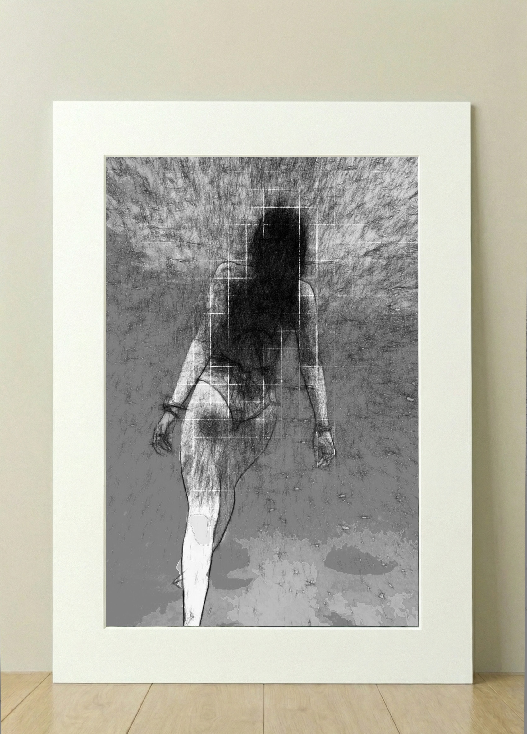 Monochrome Underwater Woman Digital Art — art on the wall, room interior preview 1