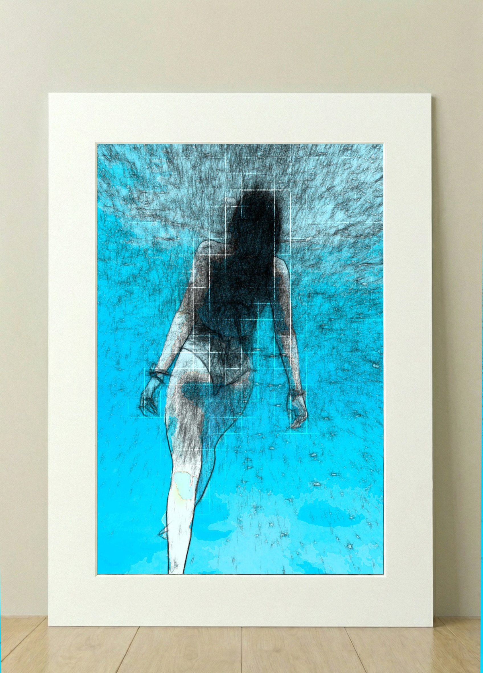 Turquoise Underwater Woman Digital Art — art on the wall, room interior preview 1