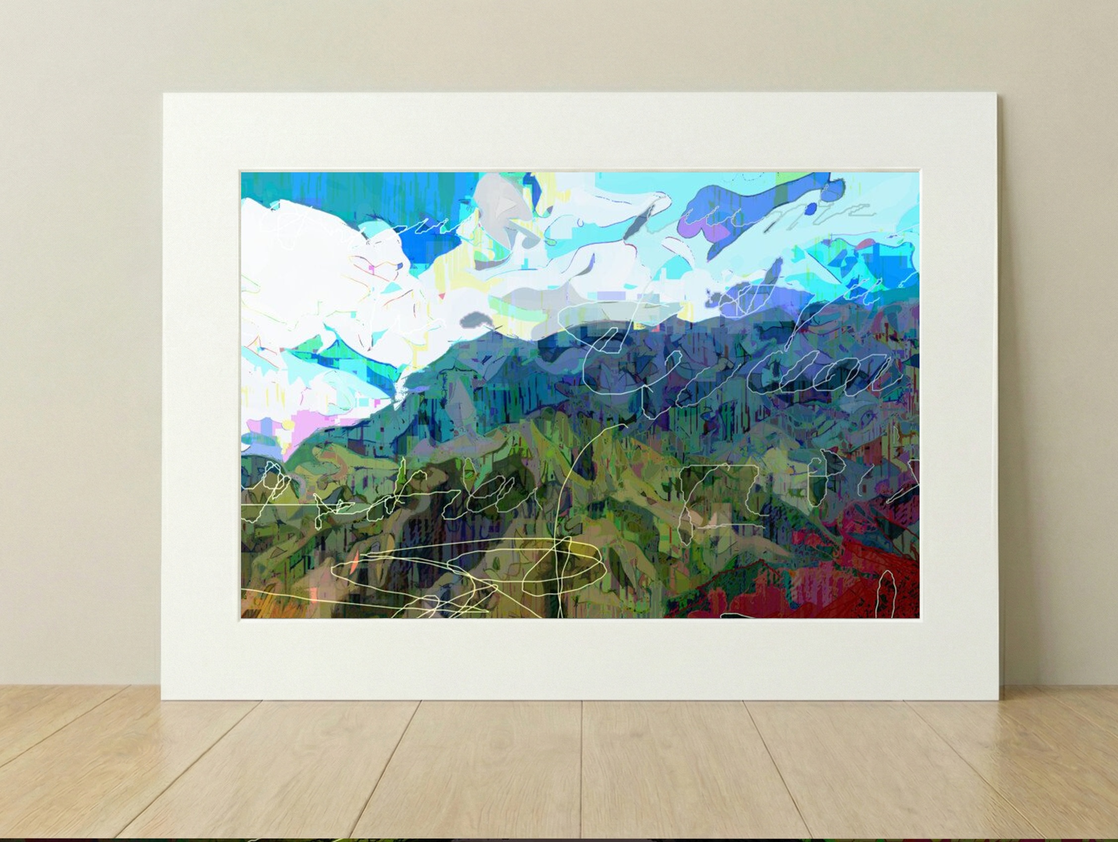 Abstract Turquoise Mountain Landscape Art — art on the wall, room interior preview 1