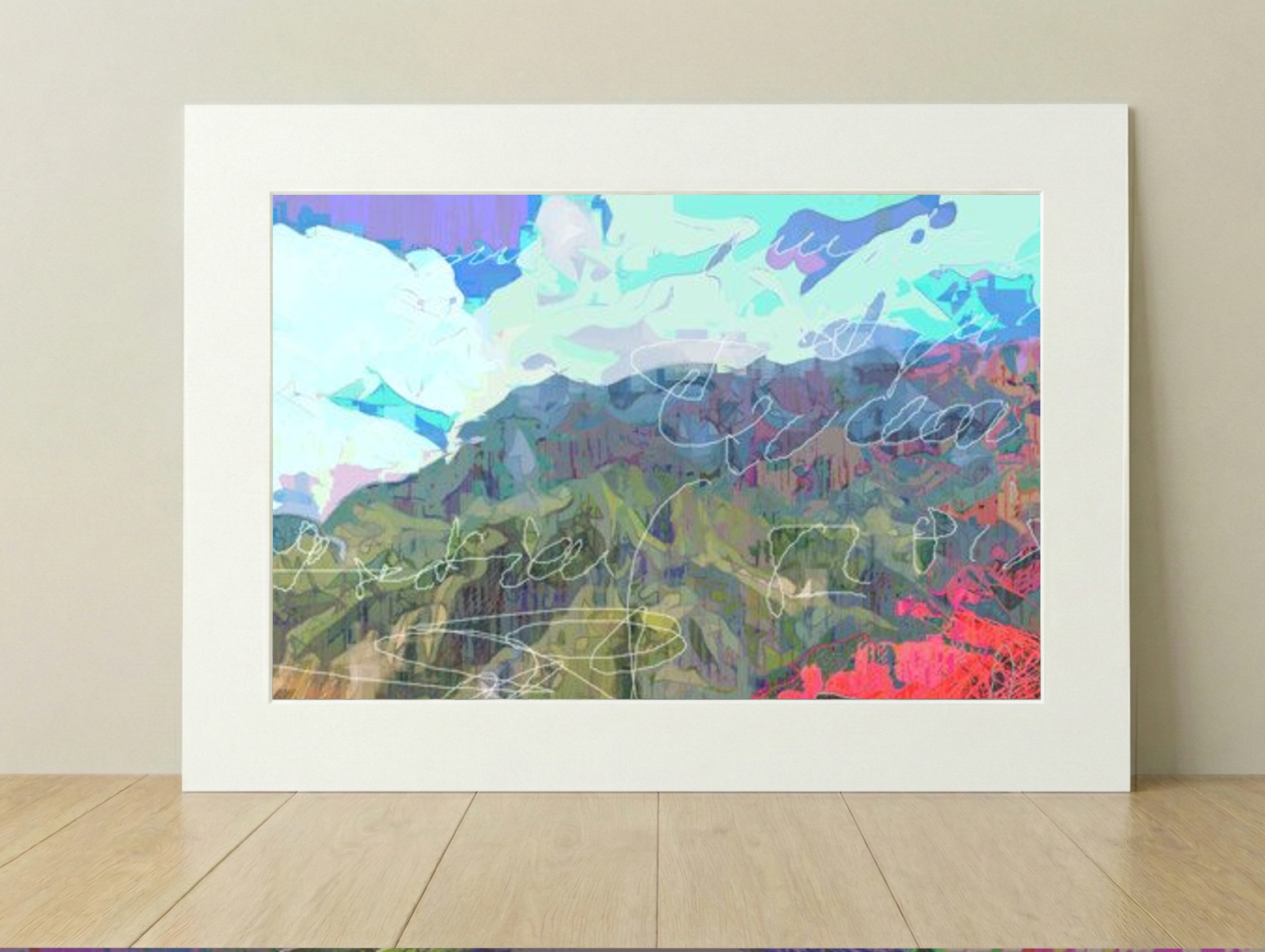 Fuchsia Mountains and Cerulean Skies Landscape — art on the wall, room interior preview 1