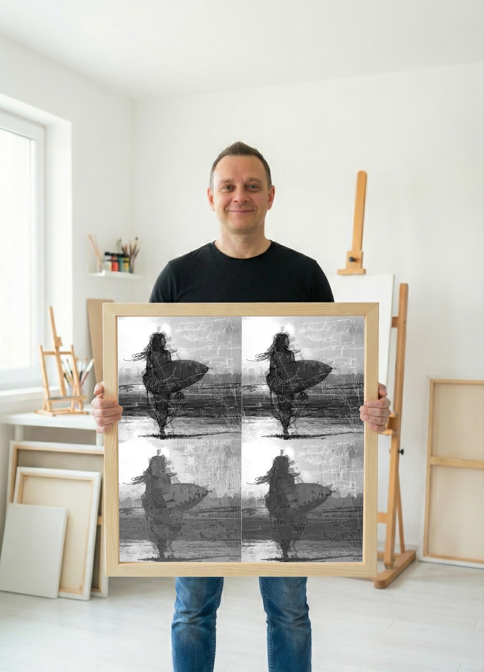 Dynamic Black and White Surfer Girl Digital Art — art on the wall, room interior preview 1