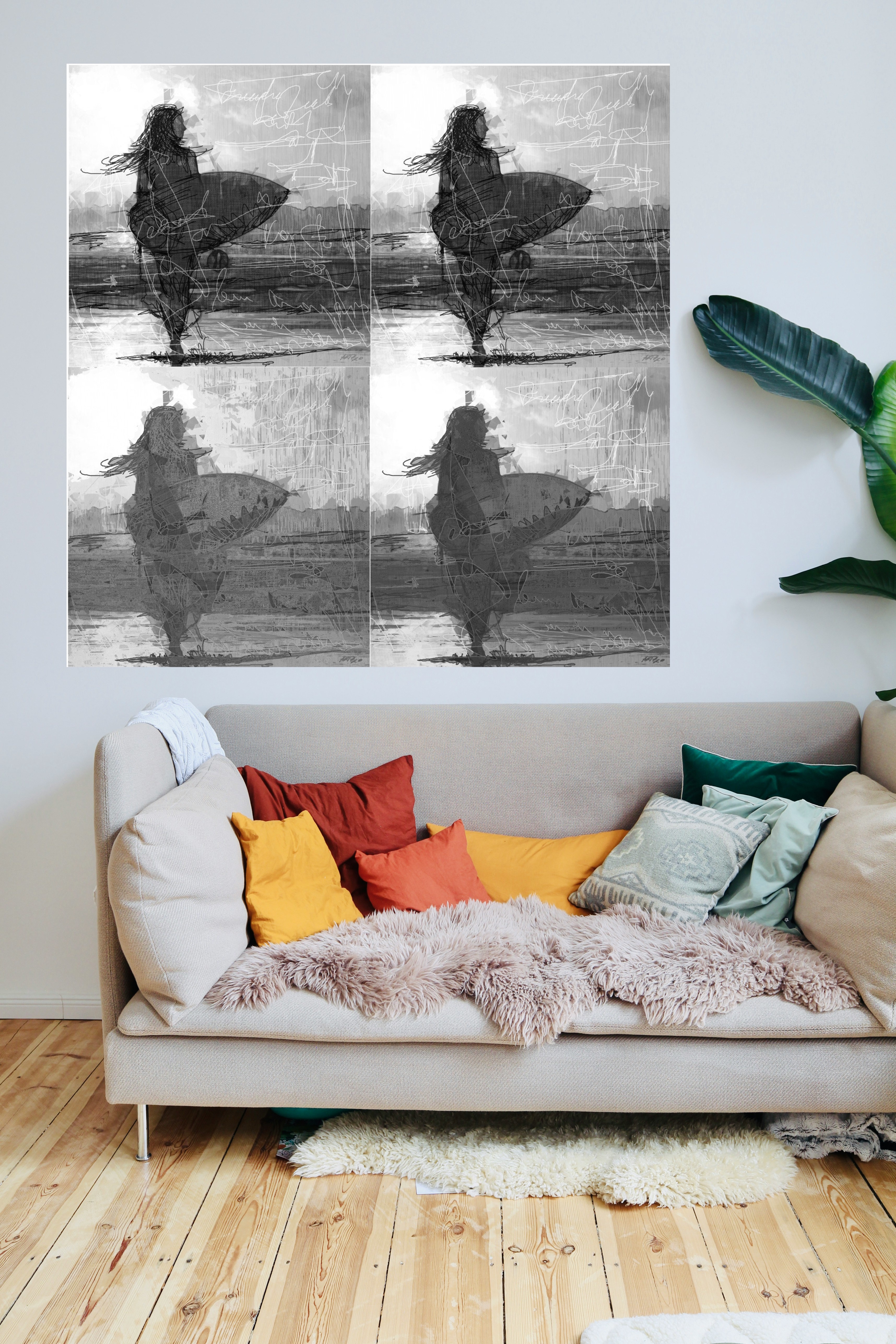 Dynamic Black and White Surfer Girl Digital Art — art on the wall, room interior preview 2